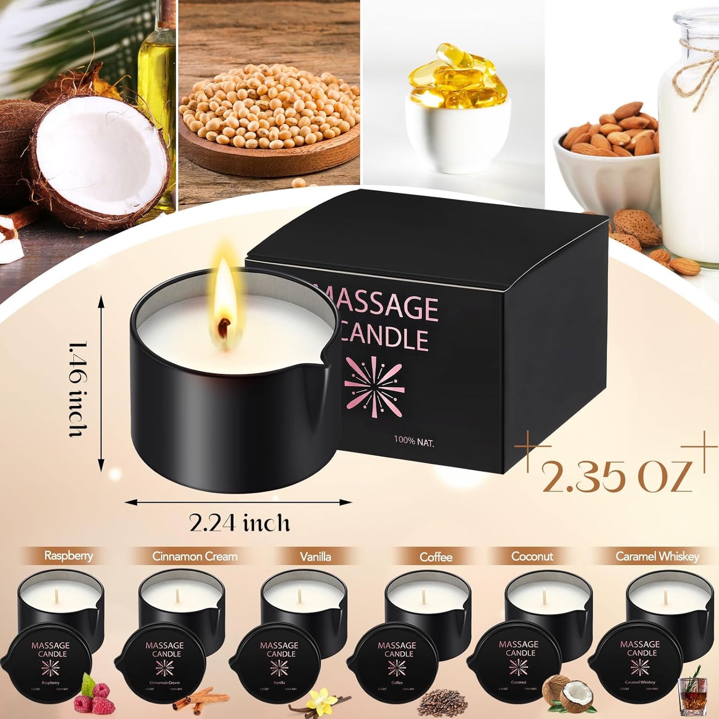 6-Piece Nuanchu Massage Oil Candle Set - Low Temp Soy Massage Candles for Therapy and Spa, 6 Scents, 2.35 oz - Perfect Home Gift - Espot.com.au