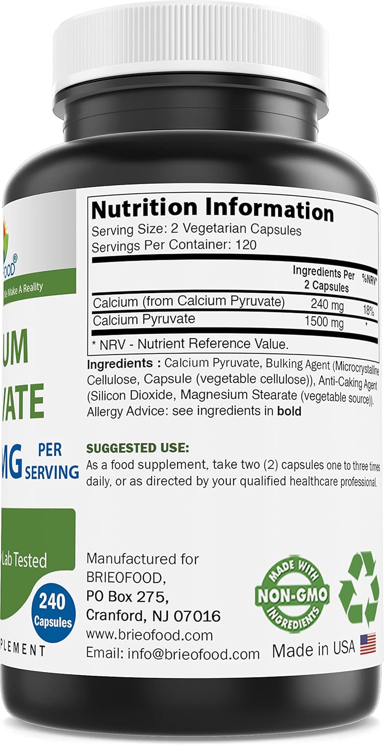 1500mg Calcium Pyruvate in 240 Capsules - Vegetarian Formula for Energy & Metabolism - Espot.com.au