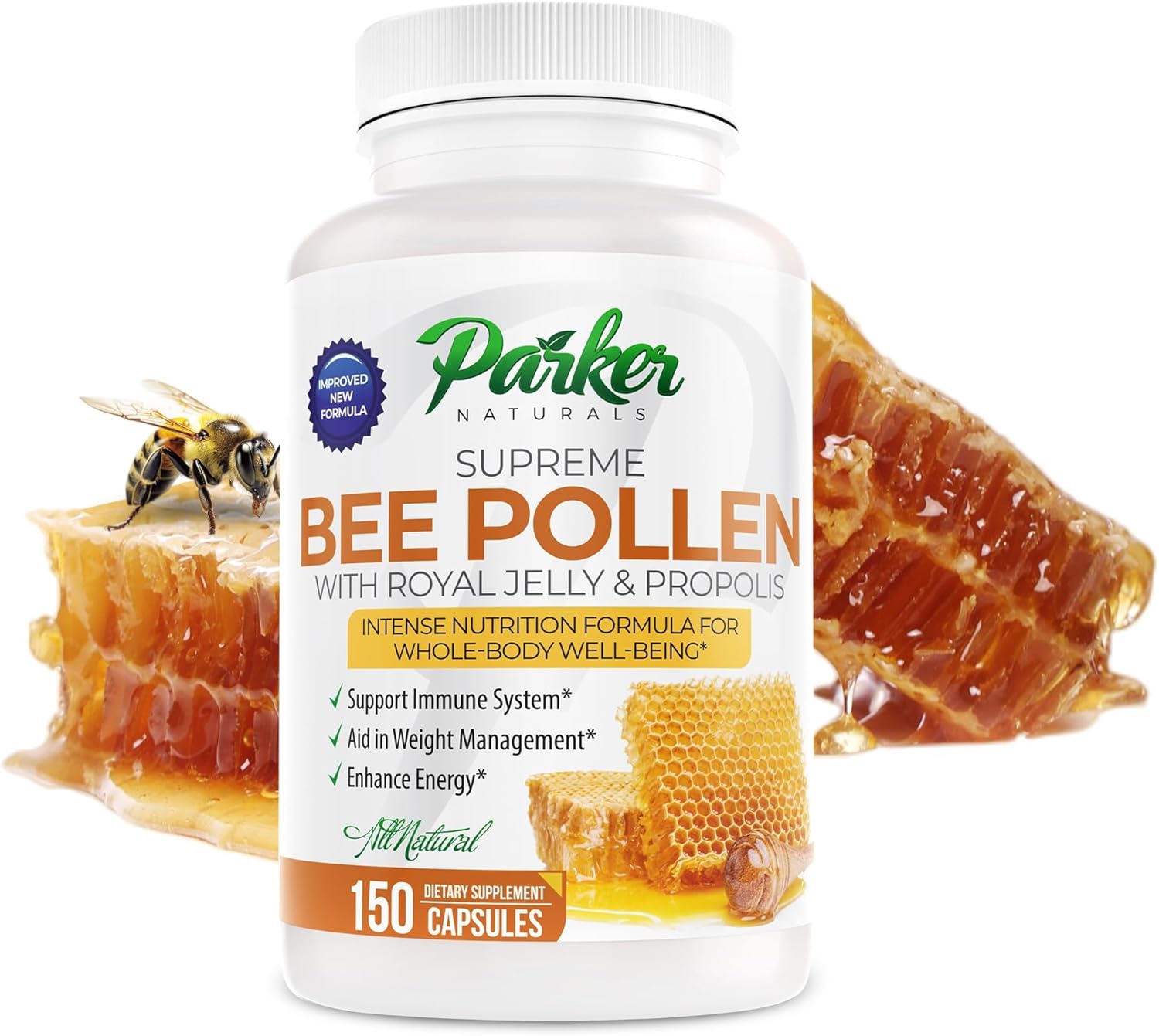 supreme-bee-pollen-capsules-with-royal-jelly-propolis---natural-supplement-for-adults-150-count-3520mg-by-parker-naturals-1