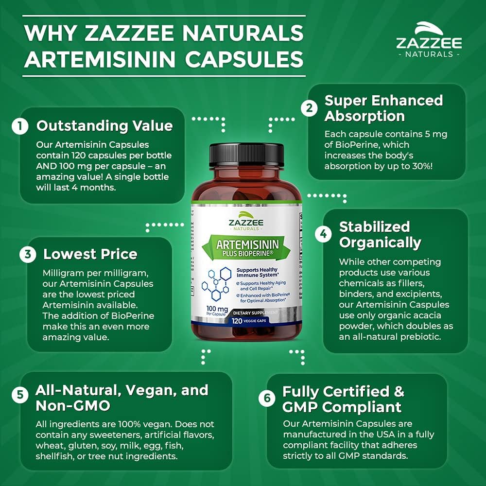 High Absorption Artemisinin Capsules - 100mg, 120 Vegan Capsules with BioPerine - Sweet Wormwood Extract for Maximum Absorption - 4 Month Supply, Non-GMO & All-Natural - Espot.com.au