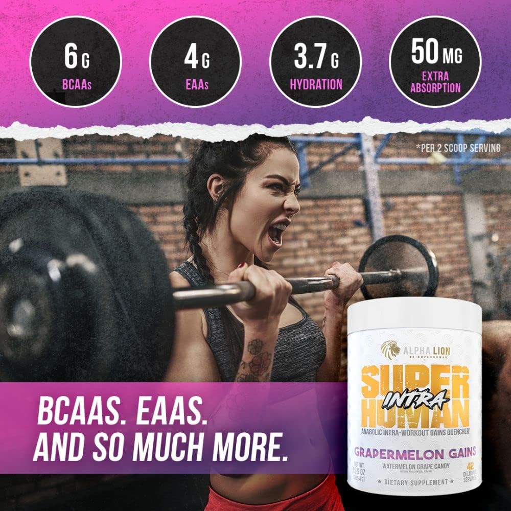 Superhuman Intra Workout Powder with Amino Acids, BCAA, Electrolytes & Hydration Mix - Watermelon Grape Candy Flavor for Muscle Recovery (42 Servings) - Espot.com.au