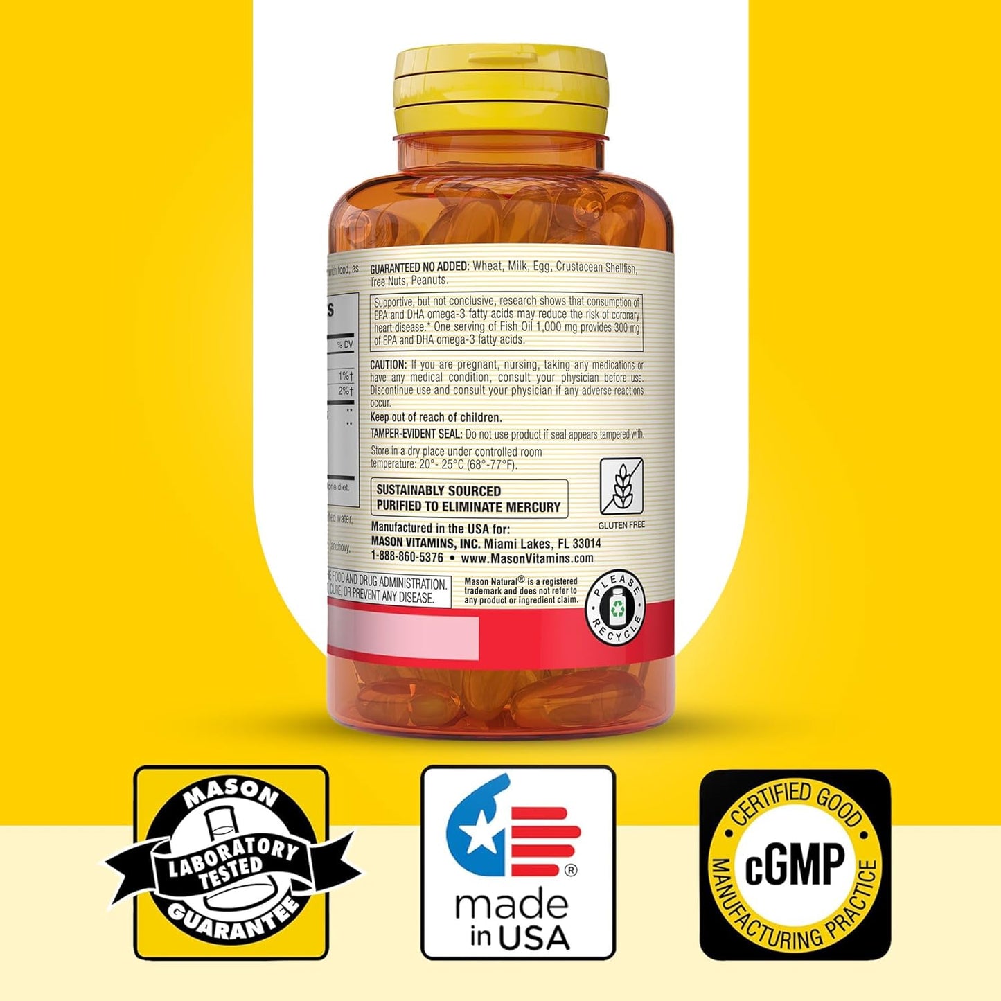 Omega 3 Fish Oil Softgels 1000mg, 200-Count Bottle, Mason Natural Dietary Supplement for Heart, Eye, Brain, and Joint Health - Espot.com.au