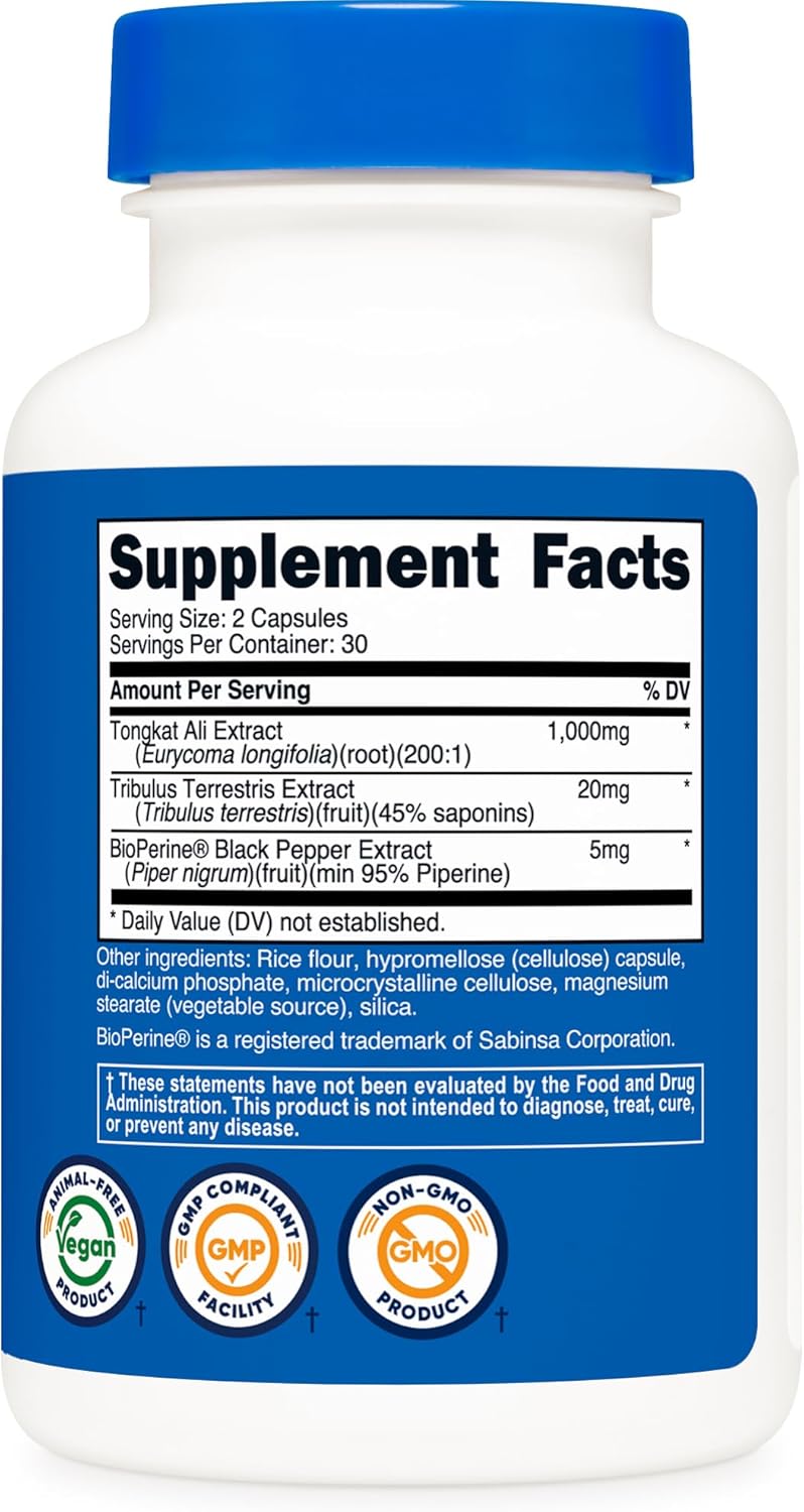 Nutricost Tongkat Ali Capsules with Tribulus Terrestris and BioPerine - 1,000mg, 60 Count, Vegetarian, Non-GMO, Gluten Free - Espot.com.au