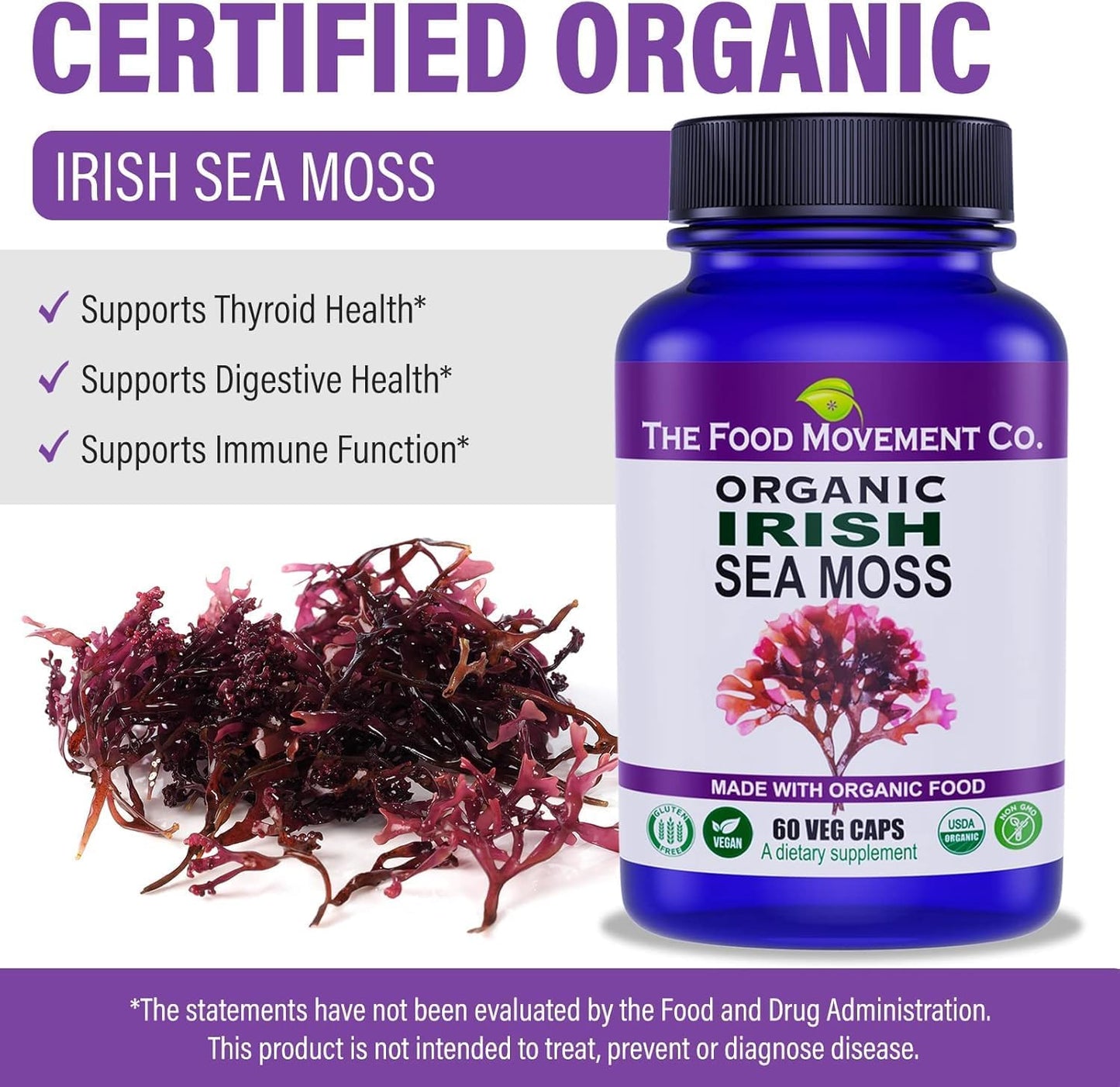Organic Irish Sea Moss Capsules with Over 70 Trace Minerals for Digestion and Immune Support - Espot.com.au