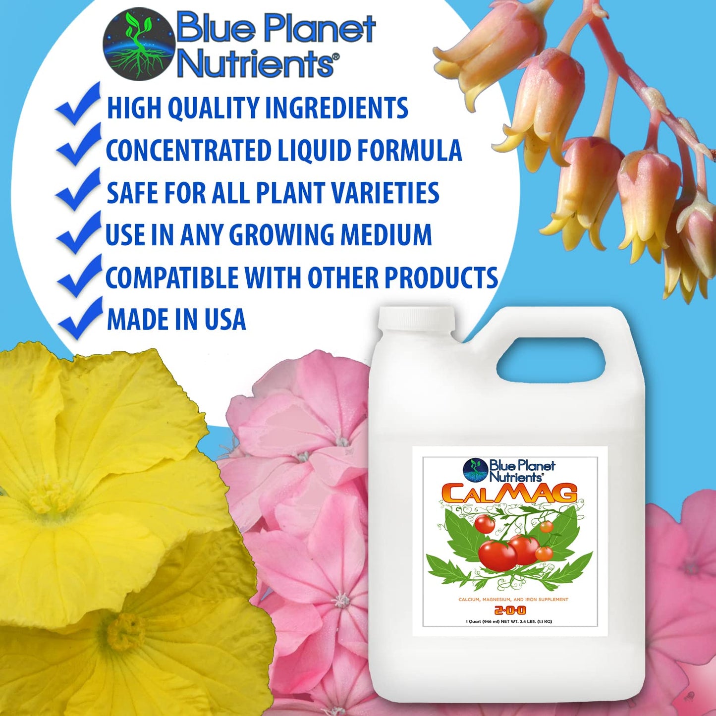 Concentrated CalMag + Iron Plant Supplement Quart - Prevents Blossom End Rot, Makes 315 Gallons, All Plants & Gardens - Blue Planet Nutrients - Espot.com.au