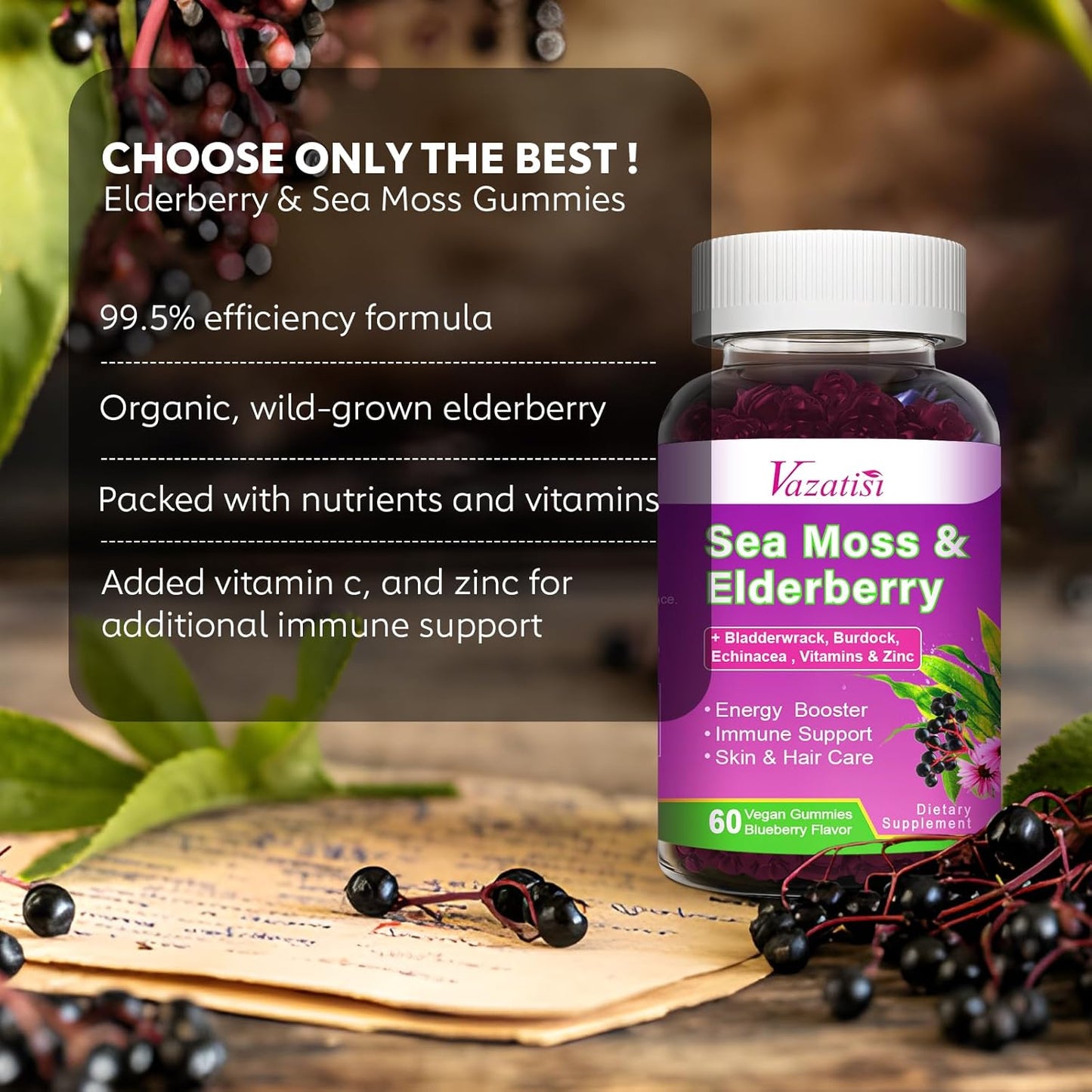 Blueberry Elderberry Gummies with Sea Moss, Bladderwrack, Echinacea, Apple Cider Vinegar - Vitamin C, D & Zinc Immune Support Supplement for Women, Men, Adults and Kids - 60 Ct - Espot.com.au