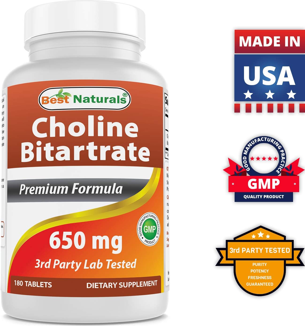 Premium Non-GMO Choline Bitartrate 650mg Tablets for Cognitive Brain Health - 180 Count - Espot.com.au