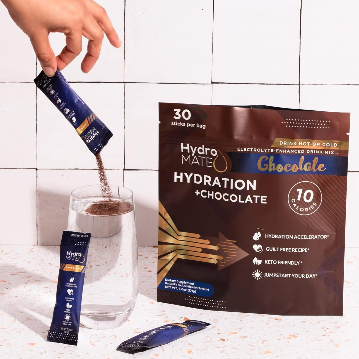 HydroMATE Electrolyte Powder Packets - Chocolate Flavor, 16 Count - Low Sugar Drink Mix for Fast Hydration and Recovery with Vitamin C - Espot.com.au