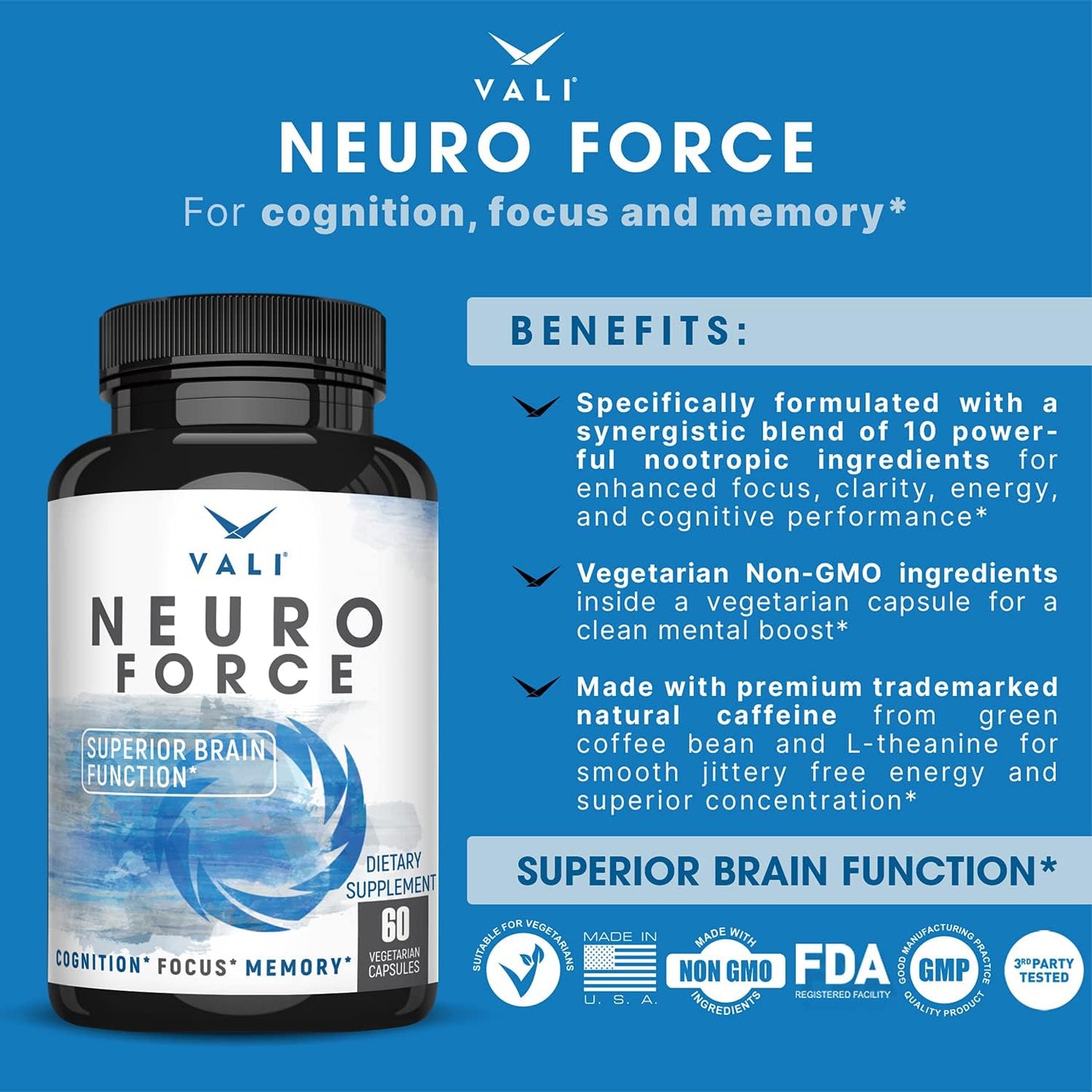 Extra Strength Brain Booster Supplement for Focus, Memory, Clarity & Energy - Nootropic Cognitive Function Support with Natural Caffeine - 60 Veggie Capsules - Espot.com.au