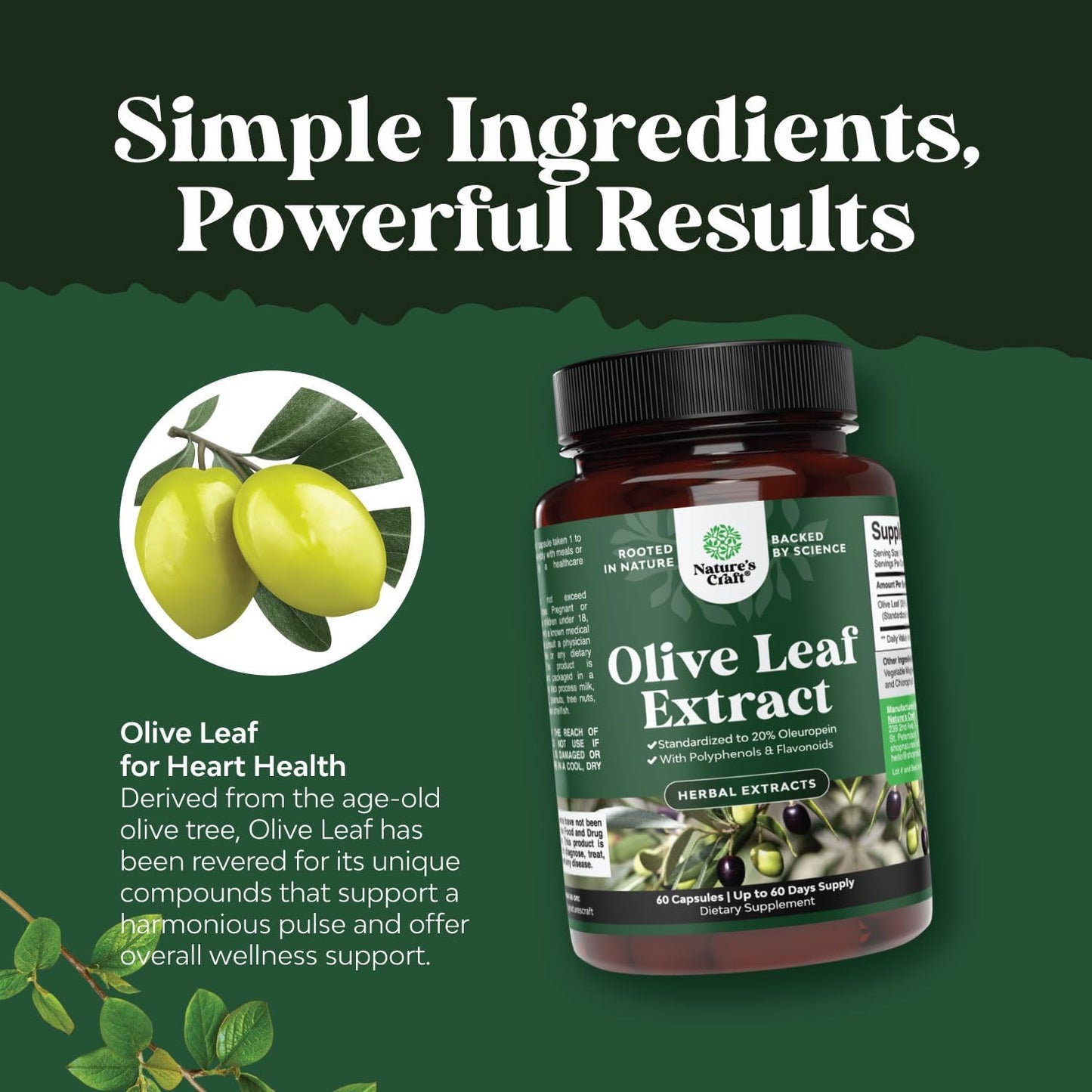 High Potency Olive Leaf Extract Capsules - Natural Antioxidant Supplement with 20% Oleuropein for Heart Health - Vegan, Non-GMO, Gluten Free - 2 Month Supply by Natures Craft - Espot.com.au