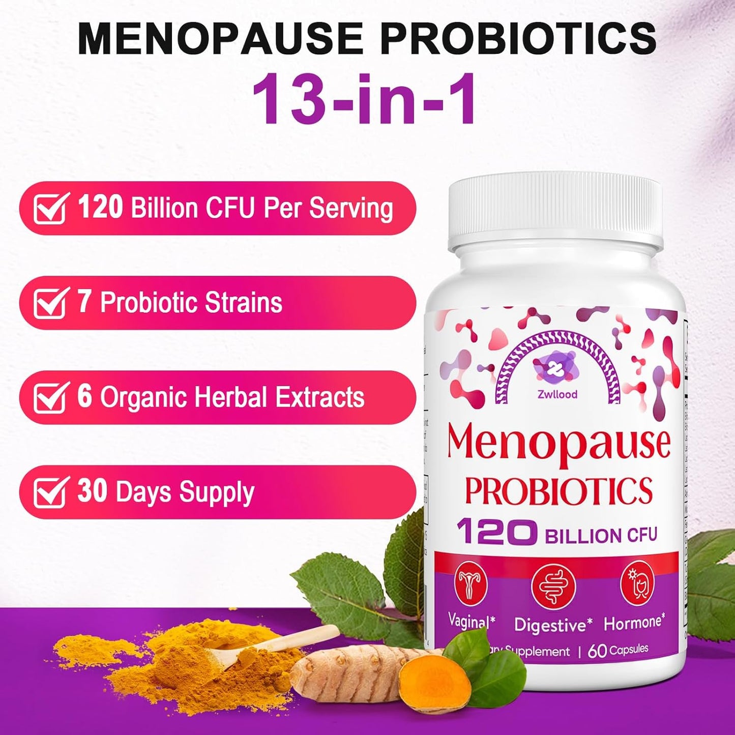 All-Natural Menopause Probiotic Supplements - 120 Billion CFU for Hot Flashes, Night Sweats, Mood Swings - 300 Capsules - Zwllood - Espot.com.au