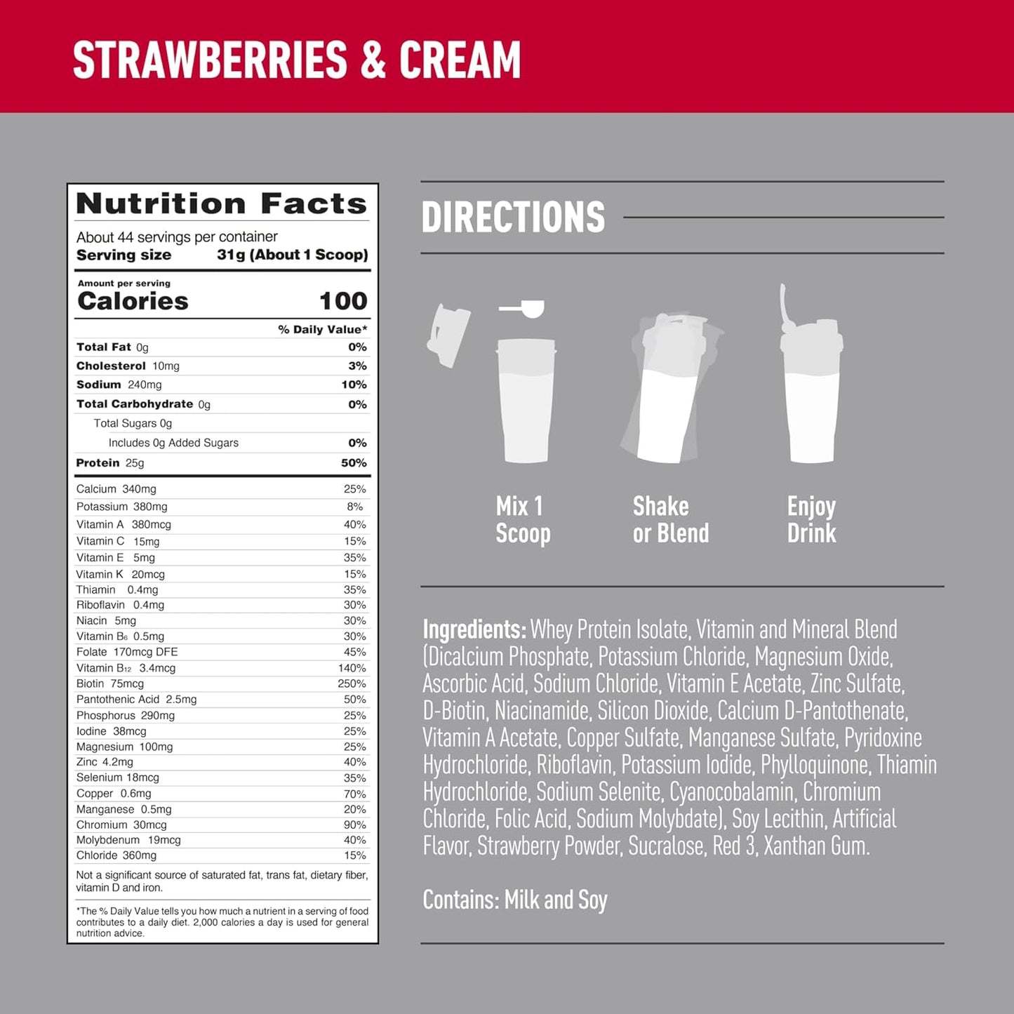Isopure Zero Carb Whey Isolate Protein Powder, Strawberries & Cream Flavor, 25g Protein, 3 Lbs, 44 Servings, Gluten & Lactose Free - Espot.com.au