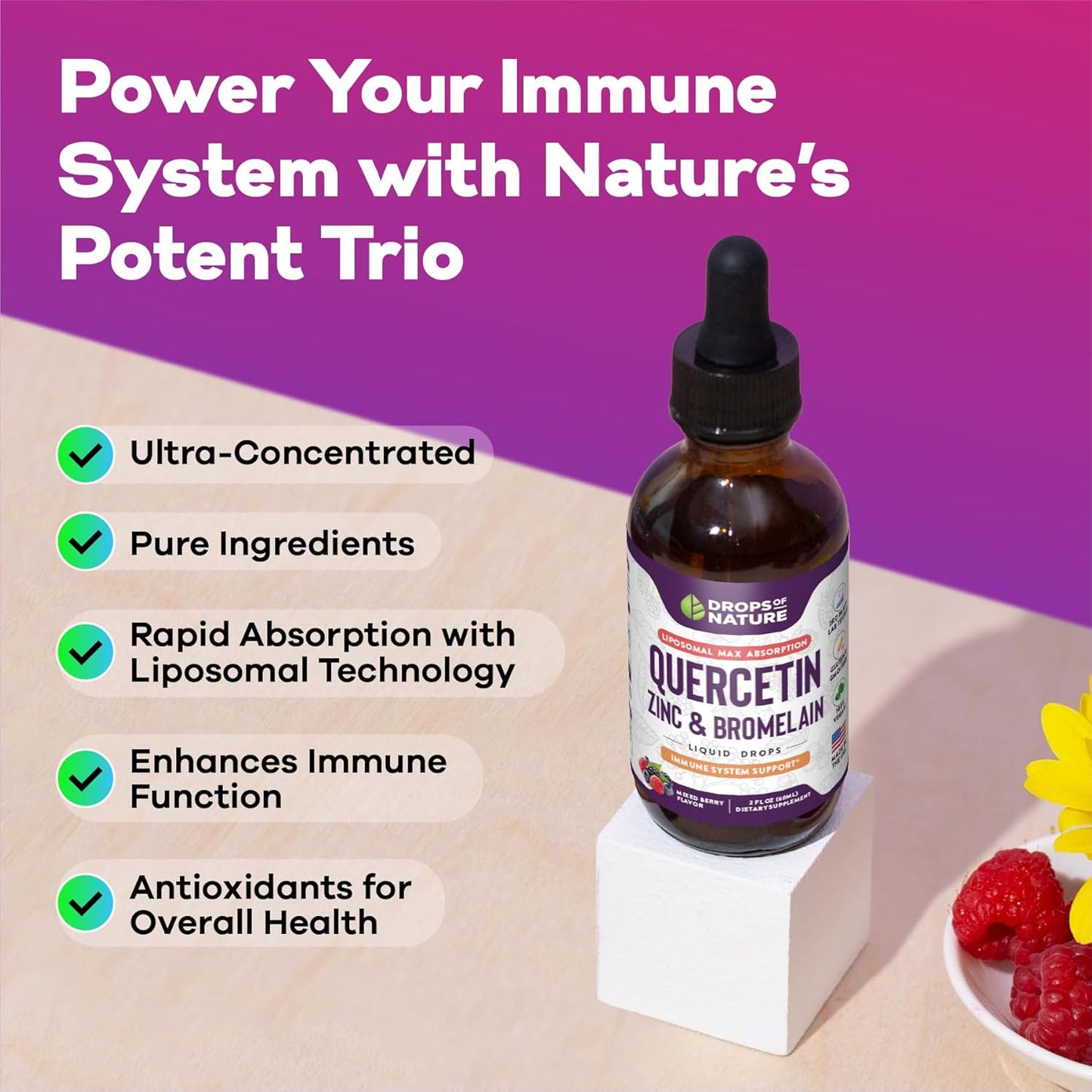 Nature's Quercetin with Bromelain & Zinc Liquid Drops - 750mg Immune Support for Adults & Kids | Bioflavonoid Rich Formula | Supports Immune Defense & Cellular Health | Vegan & Non-GMO | 2 Fl Oz - Espot.com.au