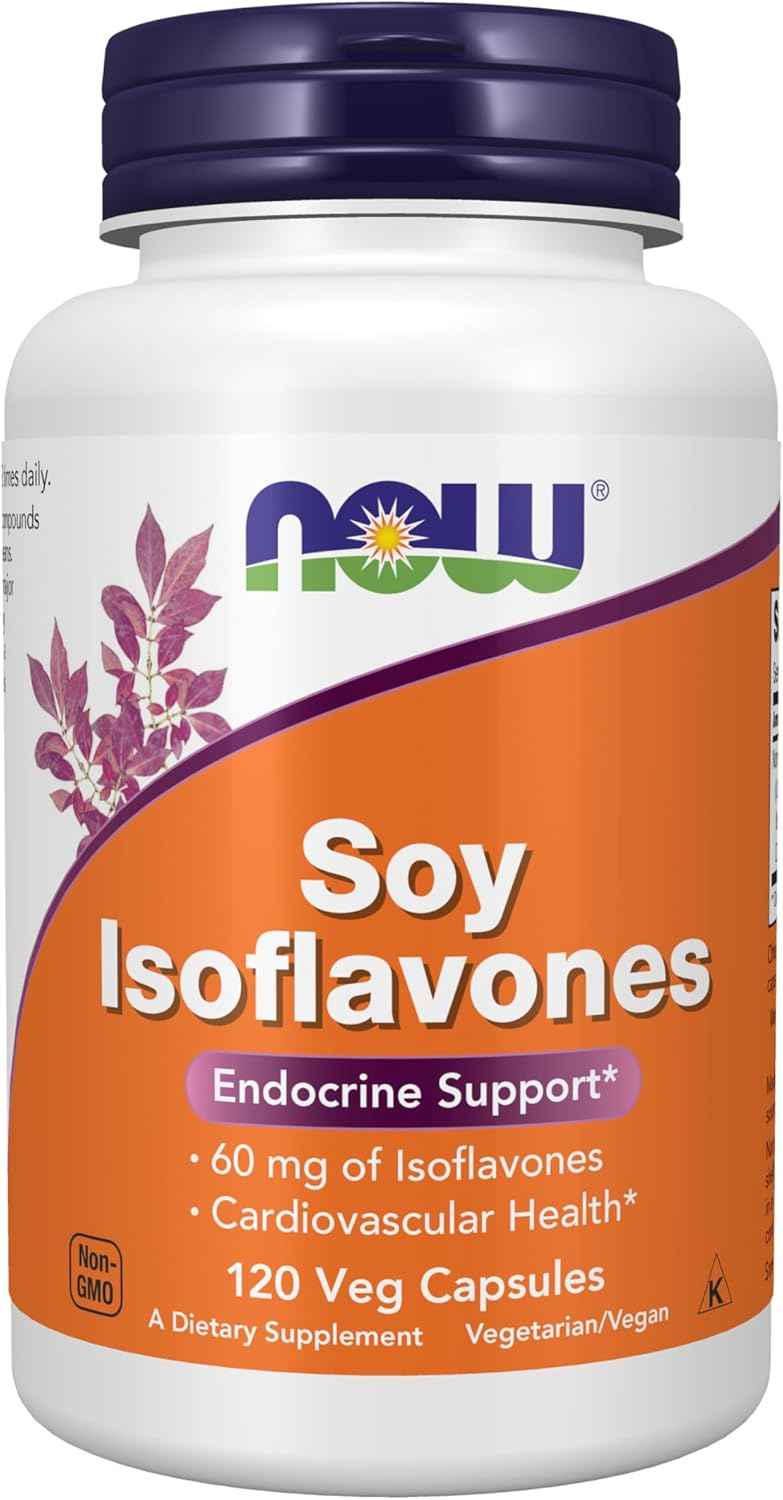 NOW Foods Soy Isoflavones 60mg - Plant Compounds from Soybeans - Genistein, Daidzein, Glycitein - 120 Veg Capsules