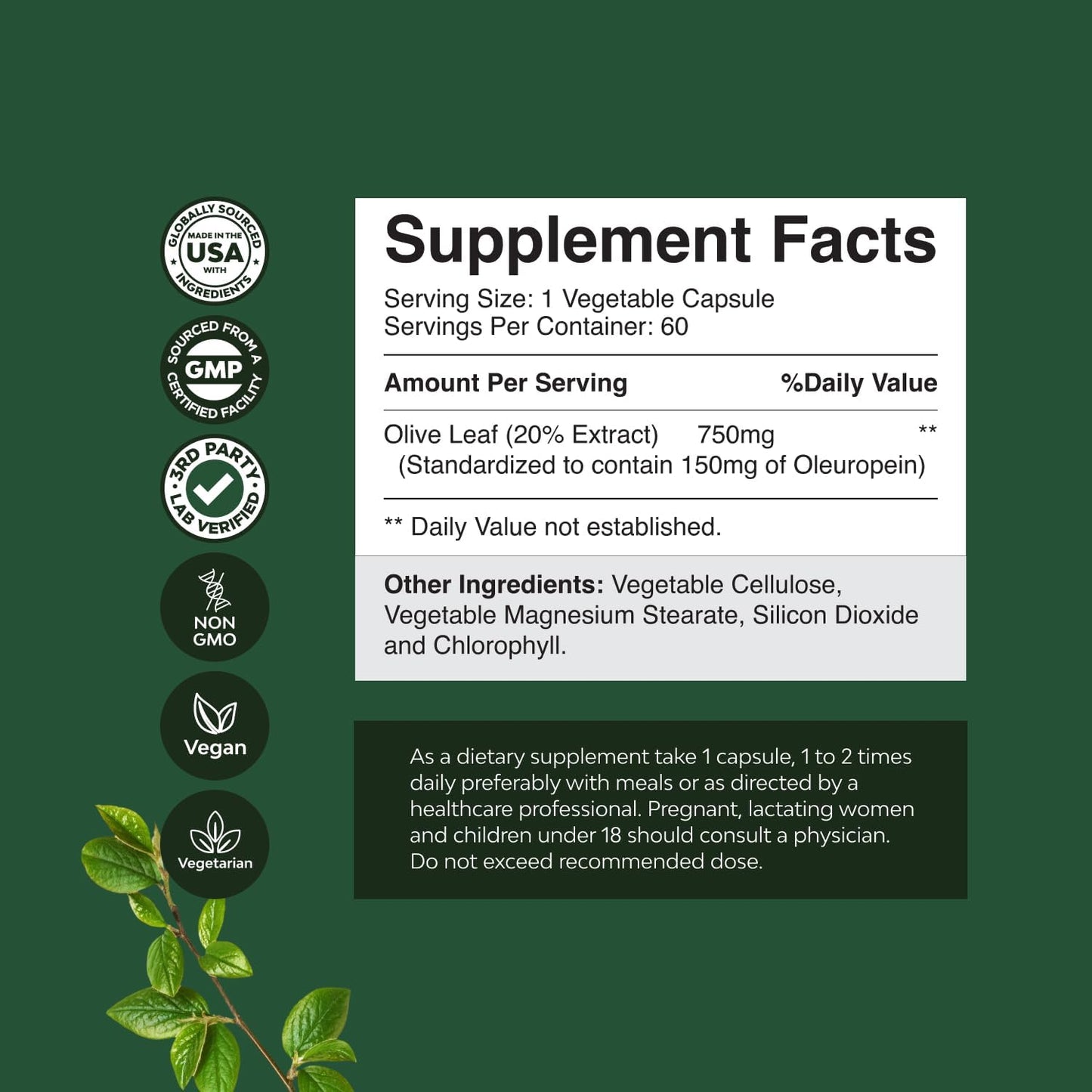 High Potency Olive Leaf Extract Capsules - Natural Antioxidant Supplement with 20% Oleuropein for Heart Health - Vegan, Non-GMO, Gluten Free - 2 Month Supply by Natures Craft - Espot.com.au