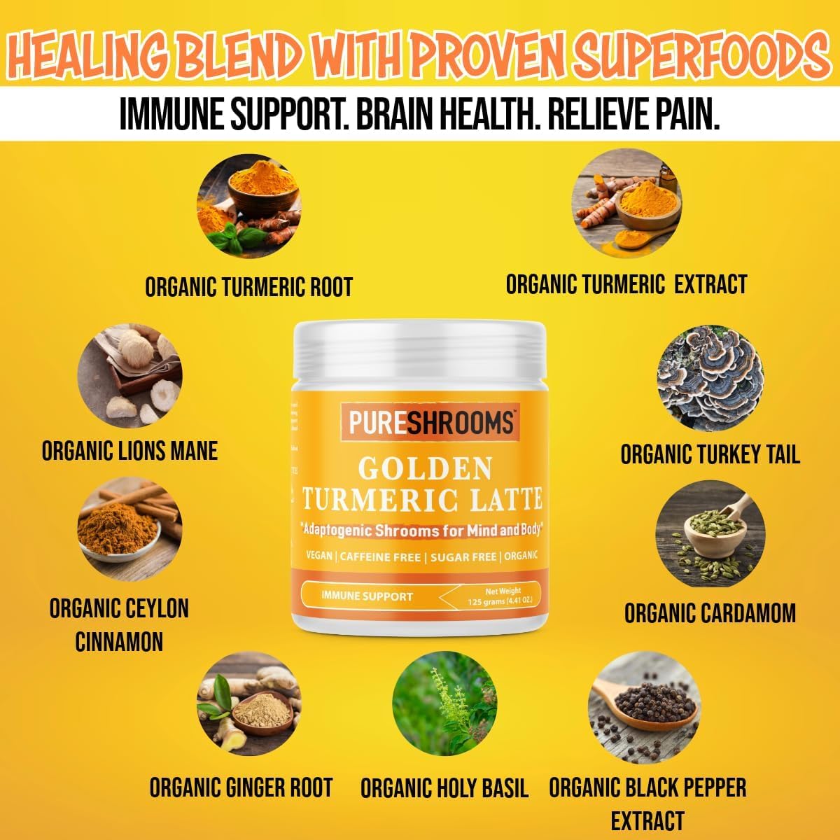 Organic Turmeric Latte Golden Milk with Lion's Mane & Turkey Tail Mushroom Extracts - Herbal Mushroom Coffee Substitute Alternative, 30 Servings - Espot.com.au