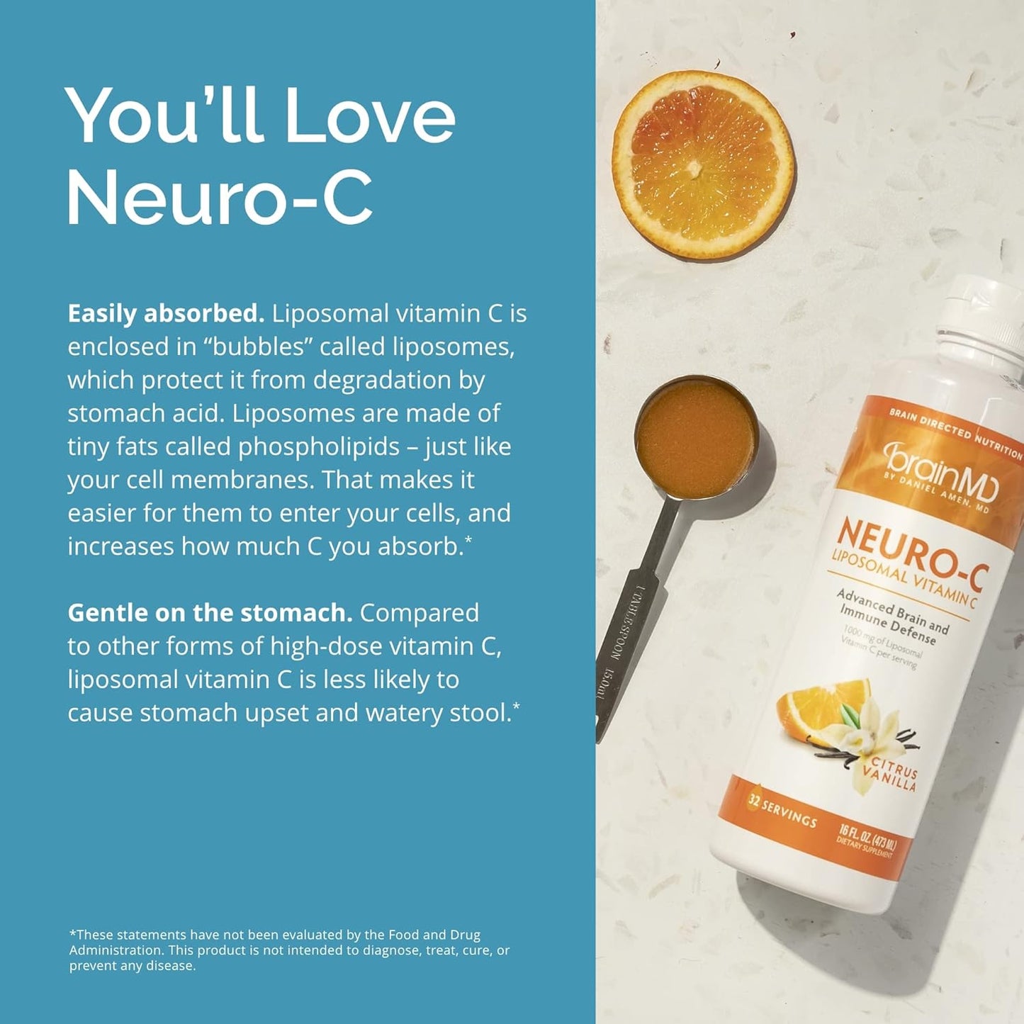 Dr. Amen Neuro-C Citrus Vanilla Liquid Supplement - 16 fl oz - 1000mg Liposomal Vitamin C for Brain & Immune Support - Gluten Free - 32 Servings - Espot.com.au