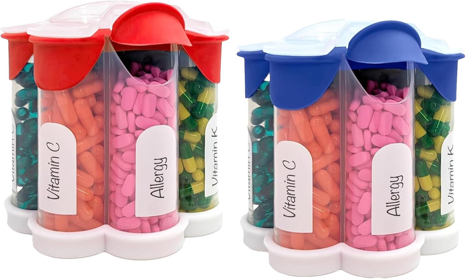 xl-pill-organizer-with-7-compartments---daily-weekly-monthly-supplement-bottle---cute-blossom-pill-dispenser---2-pack-combo-in-dark-blue-and-red-1