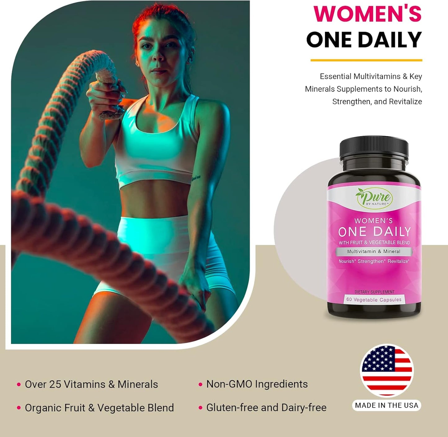 Pure By Nature Women's One-Daily Multivitamin - Immune Support, Non-GMO, Energy Boost - 60 Veggie Capsules - Espot.com.au