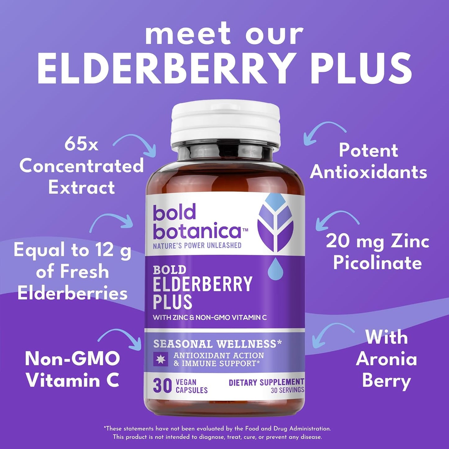Elderberry Plus Capsules with Zinc & Vitamin C - 65x Concentrated Extract for Immune Support - Non-GMO, 30 Vegan Capsules for Wellness - Espot.com.au