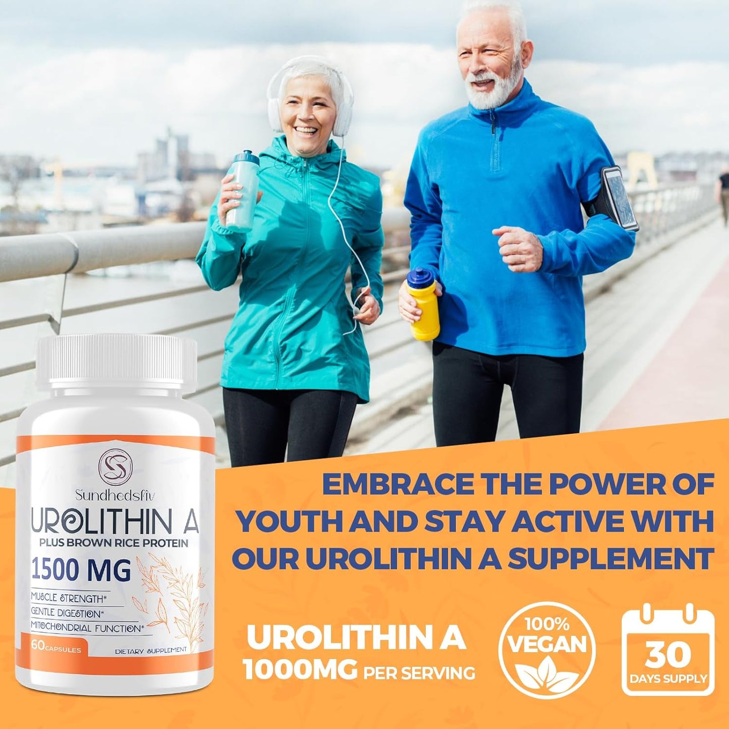 1500MG Sundhedsliv Urolithin A Supplement with Brown Rice Protein - Boost Exercise Performance & Cellular Health - Gluten Free - 60 Capsules - Espot.com.au