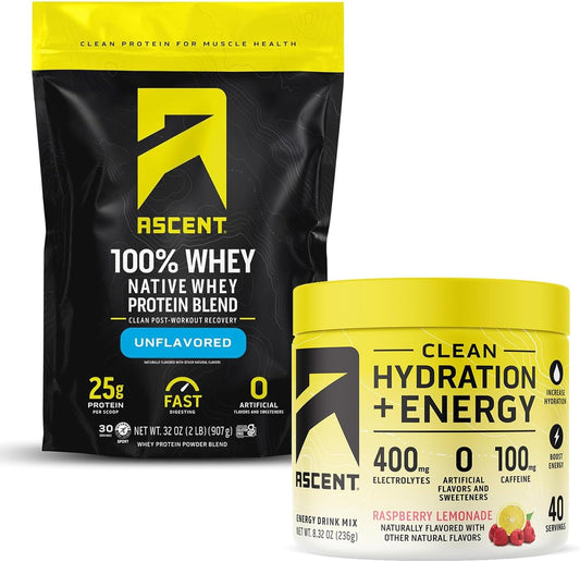 Ascent Unflavored Whey Protein Powder 2 lb + Raspberry Lemonade Electrolytes 40 Servings - Espot.com.au