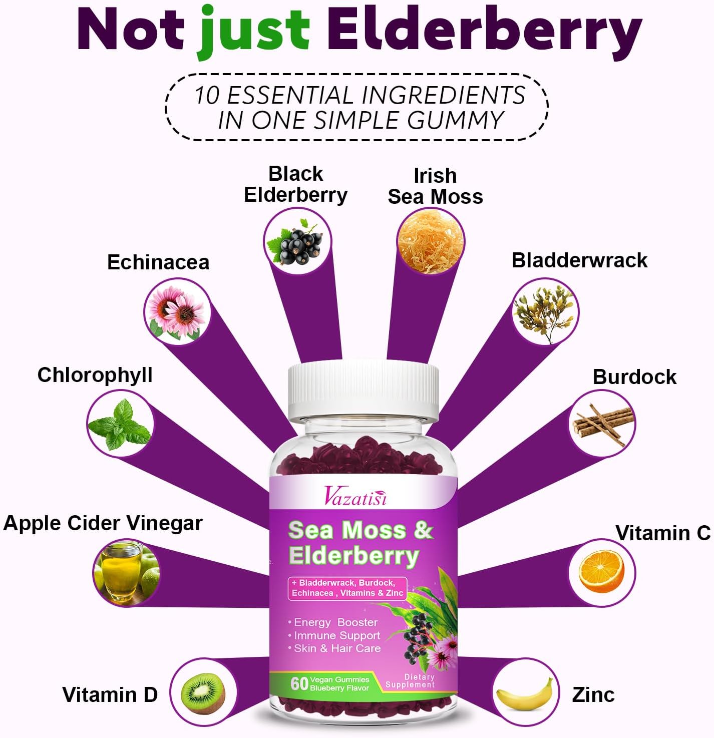 Blueberry Elderberry Gummies with Sea Moss, Bladderwrack, Echinacea, Apple Cider Vinegar - Vitamin C, D & Zinc Immune Support Supplement for Women, Men, Adults and Kids - 60 Ct - Espot.com.au