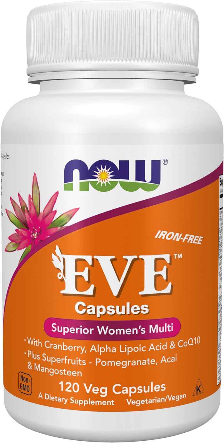 NOW Foods Eve Women's Multivitamin with Cranberry, Alpha Lipoic Acid, CoQ10, Superfruits - Pomegranate, Acai & Mangosteen - 120 Veg Capsules, Iron-Free