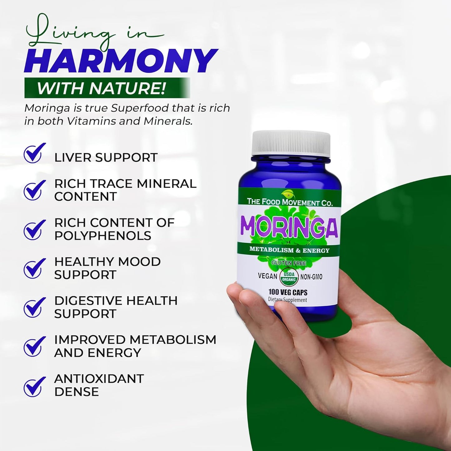 Certified Organic Moringa Superfood Capsules for Whole Body Wellness with Natural Energy Support - 100 Vegan Capsules - Espot.com.au
