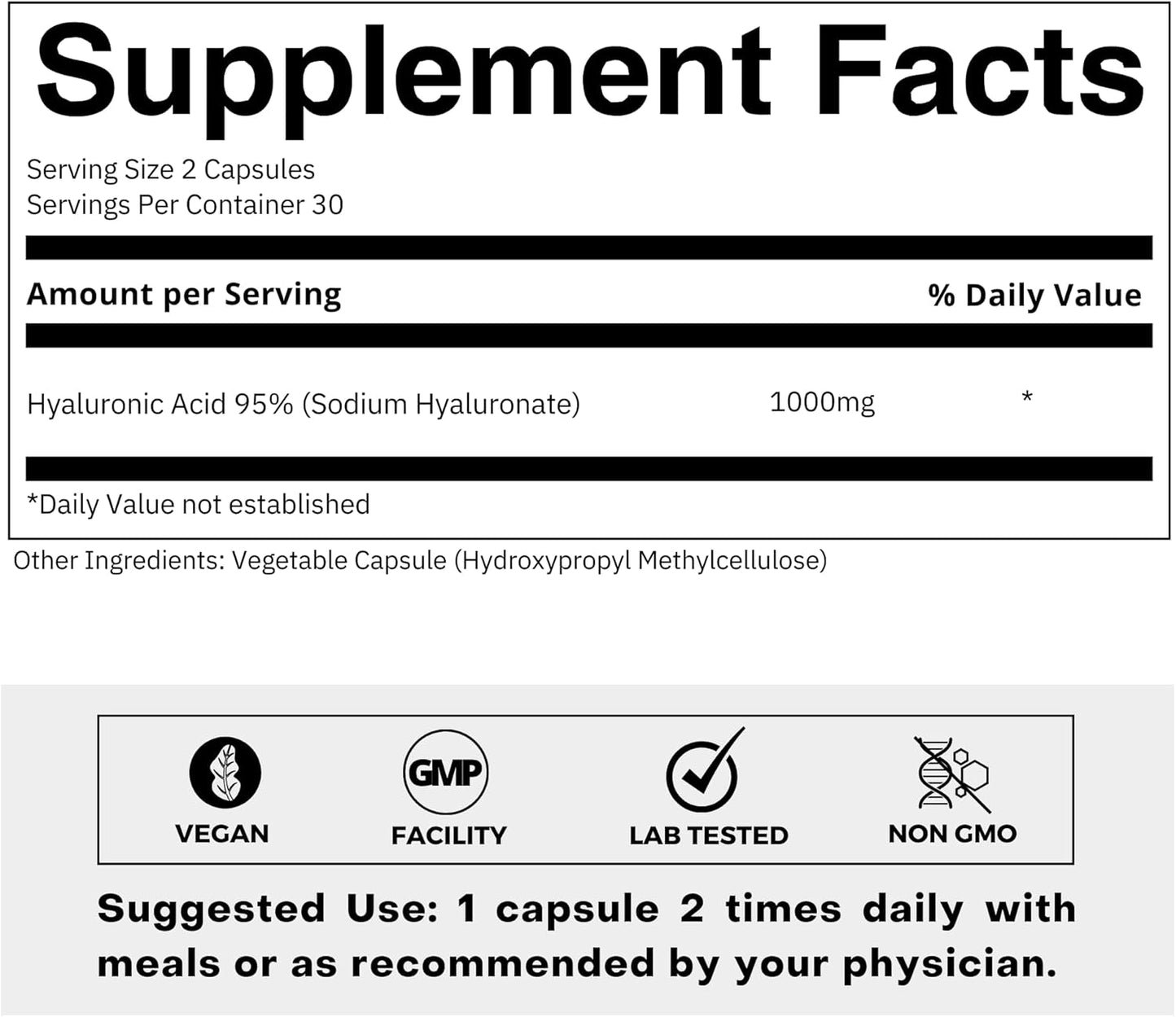 High Purity Hyaluronic Acid Capsules - 500mg Sodium Hyaluronate - Purified & Bioavailable - Low Molecular Weight - Non-GMO - 60 Capsules - Espot.com.au