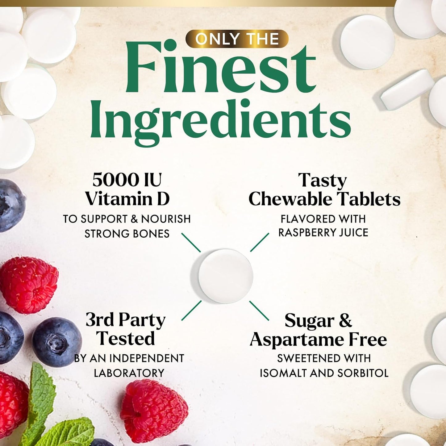 Chewable Vitamin D3 5000 IU Supplements for Bone, Teeth, Muscle & Immune Support - Sugar Free, Non-GMO, Gluten Free - 120 Tablets - Espot.com.au