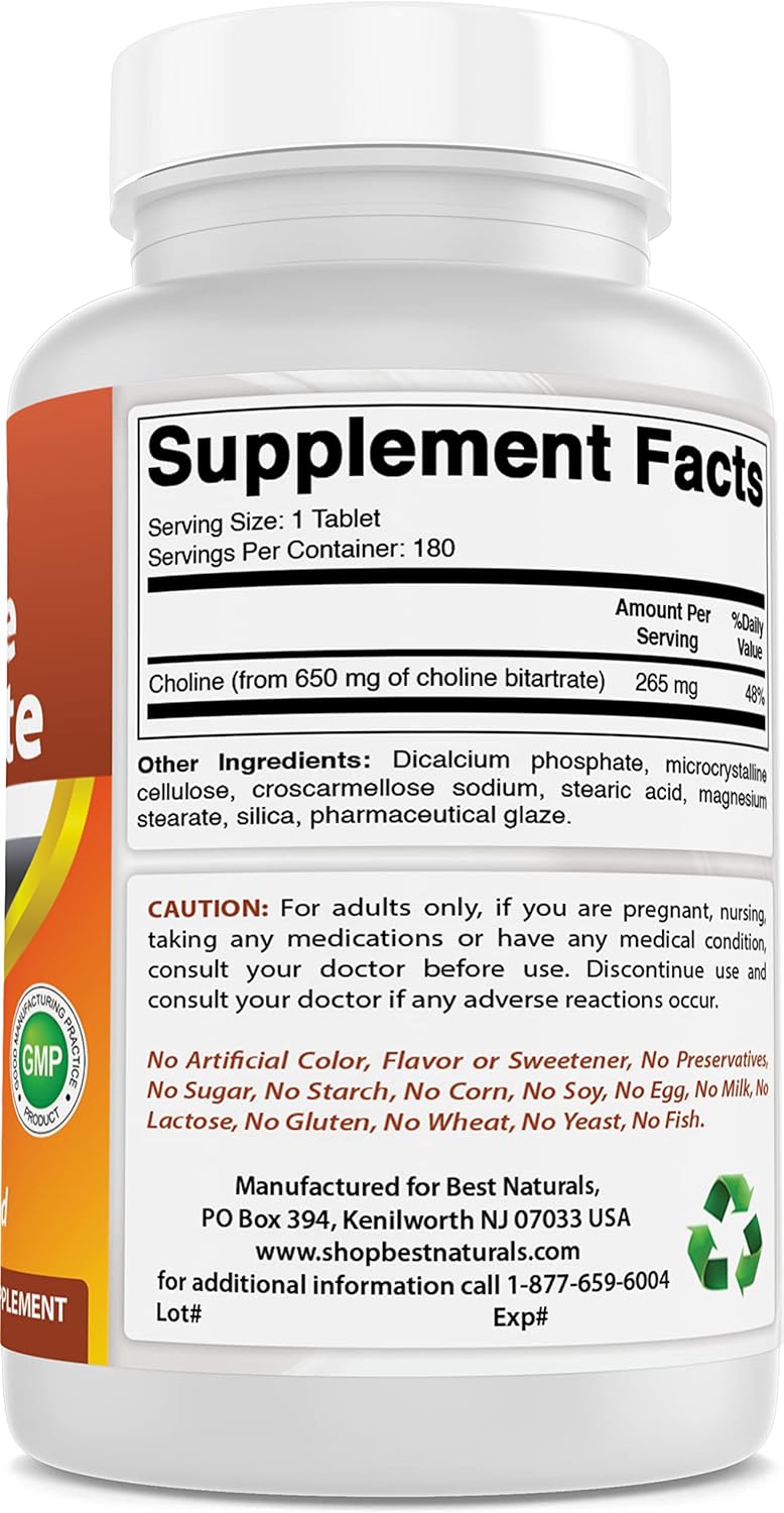 Premium Non-GMO Choline Bitartrate 650mg Tablets for Cognitive Brain Health - 180 Count - Espot.com.au