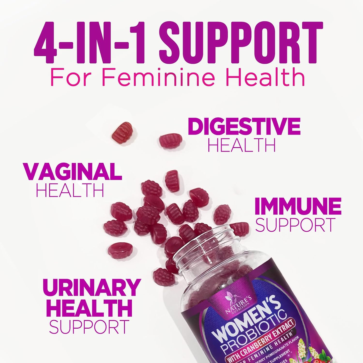 Women's Probiotic Gummies with 6 Strains, Cranberry & 3 Billion CFU - Digestive, Vaginal & Immune Support - Non-GMO - 120 Gummies - Espot.com.au
