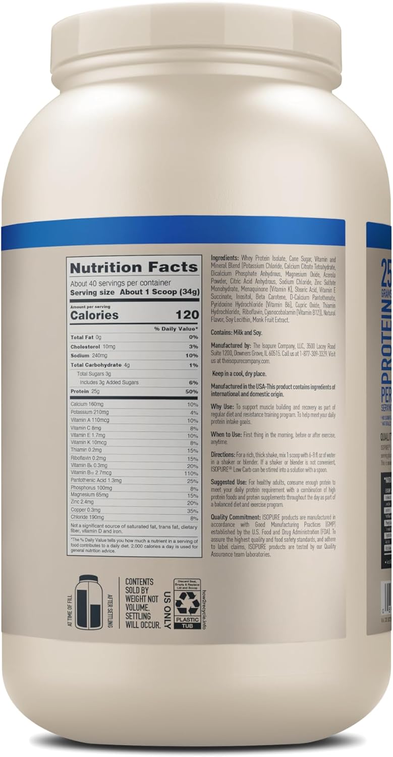 Vanilla Isopure Low Carb Whey Protein Powder - 100% Pure Isolate, Lactose & Gluten Free, 25g Protein, 3 Lbs, 40 Servings, Enriched with Vitamins - Espot.com.au