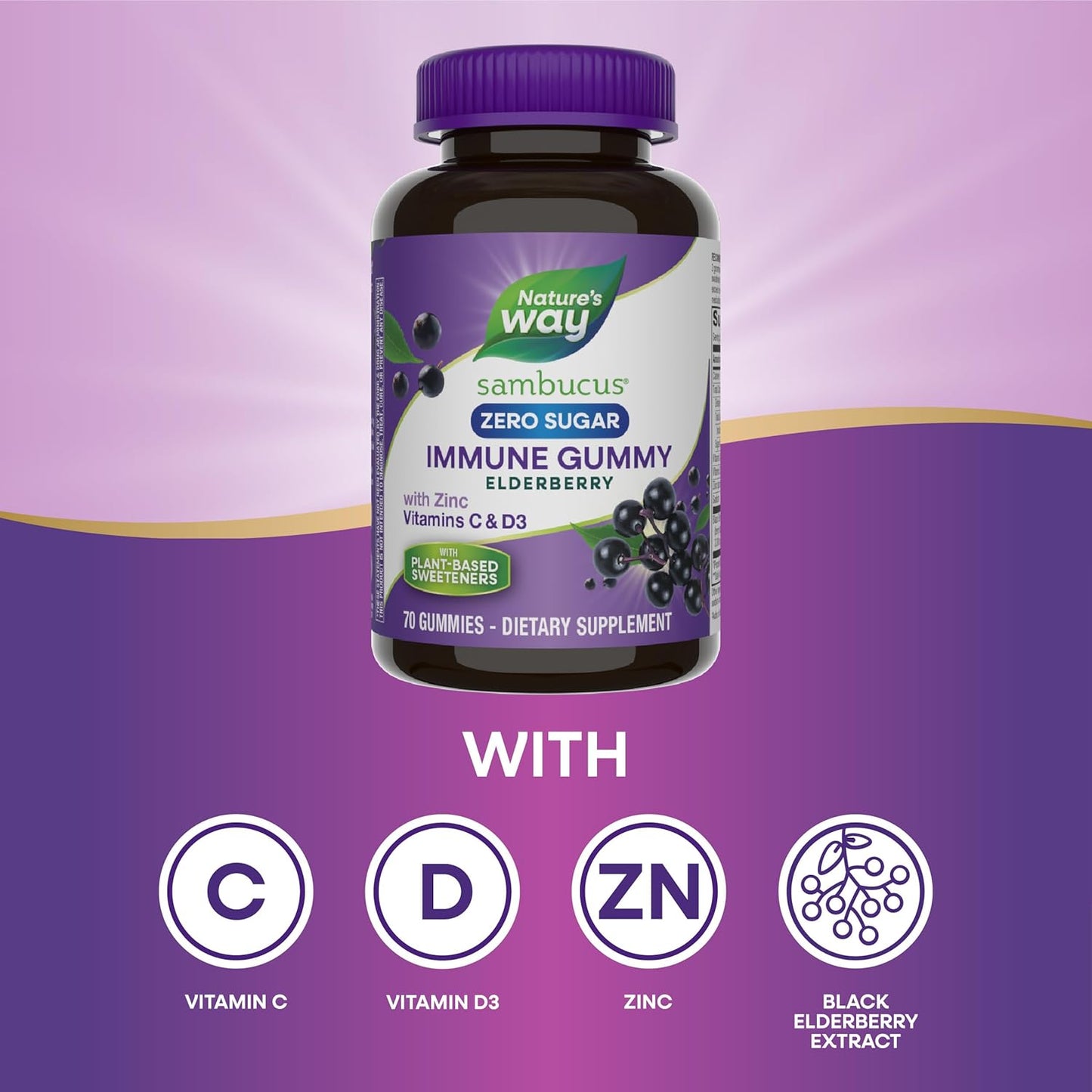Nature's Way Sambucus Zero Sugar Immune Gummies - Black Elderberry, Vitamin C, D3, Zinc - 70 Plant-Based Gummies for Daily Immune Support - Espot.com.au