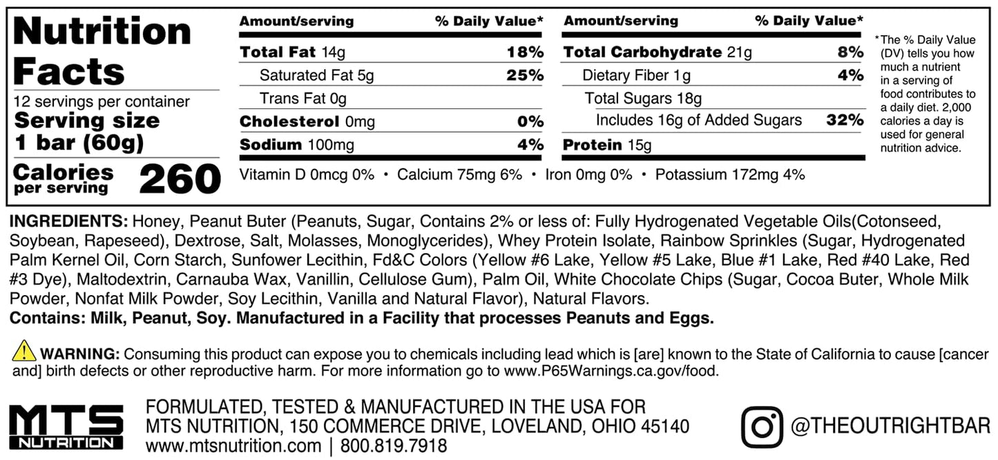 MTS Nutrition Outright Bars - Birthday Cake Peanut Butter Flavor - 12 Count Box - No Artificial Sweeteners - Whole Food Protein Snack - Espot.com.au