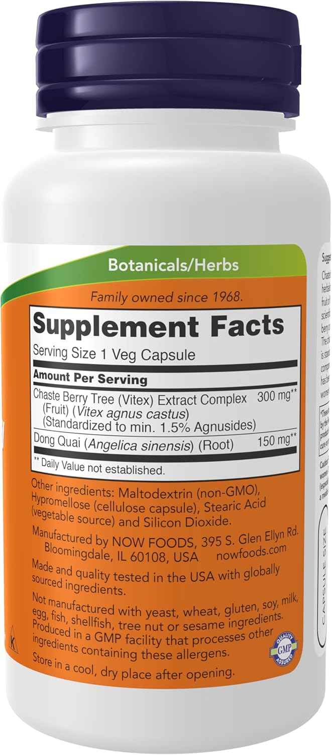 Chaste Berry Vitex Extract 300mg with Dong Quai for Women's Health - 90 Veg Capsules by NOW Foods