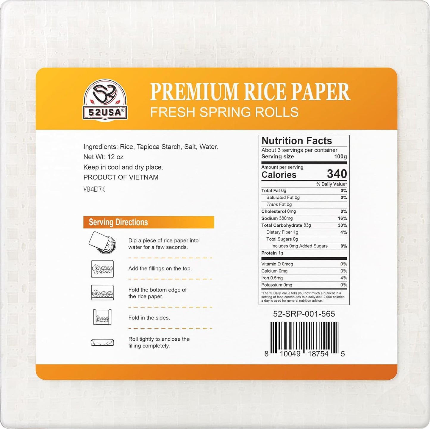 52USA Square Rice Paper Wrappers - 1 Pack of 34 Sheets, 12 oz, Gluten-Free Wonton Wrappers for Fresh Spring Rolls & Dumplings - Vegan & Low Carb Vietnamese Rice Wraps - White (22cm) - Espot.com.au