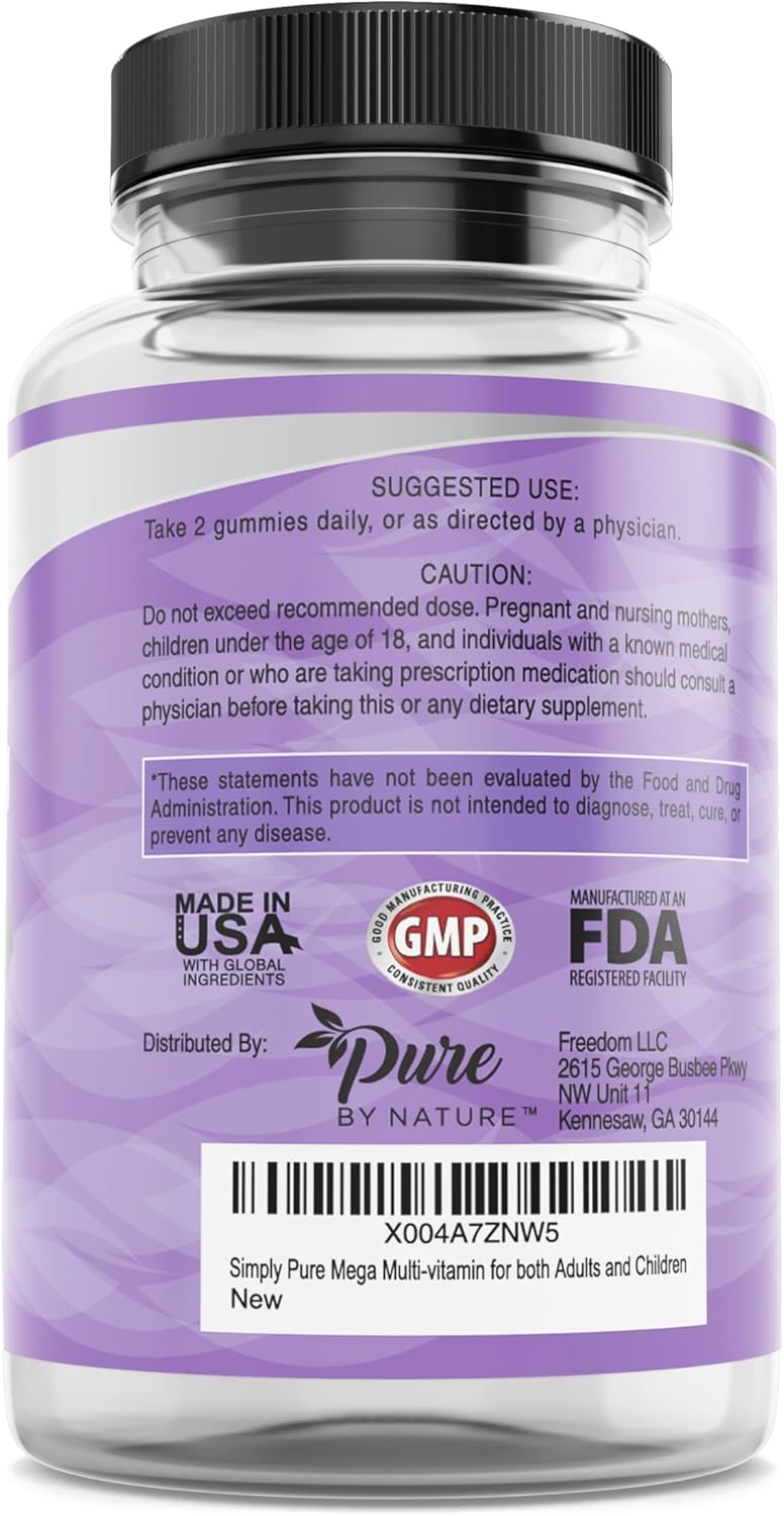 Pure By Nature Mega Multi Gummies - Natural Flavored Multi Vitamin Gummies for Women & Men - Dietary Supplement - Multivitamin with Vitamins A, D2, C, E, K, Biotin, Folic Acid - 60 Count - Espot.com.au