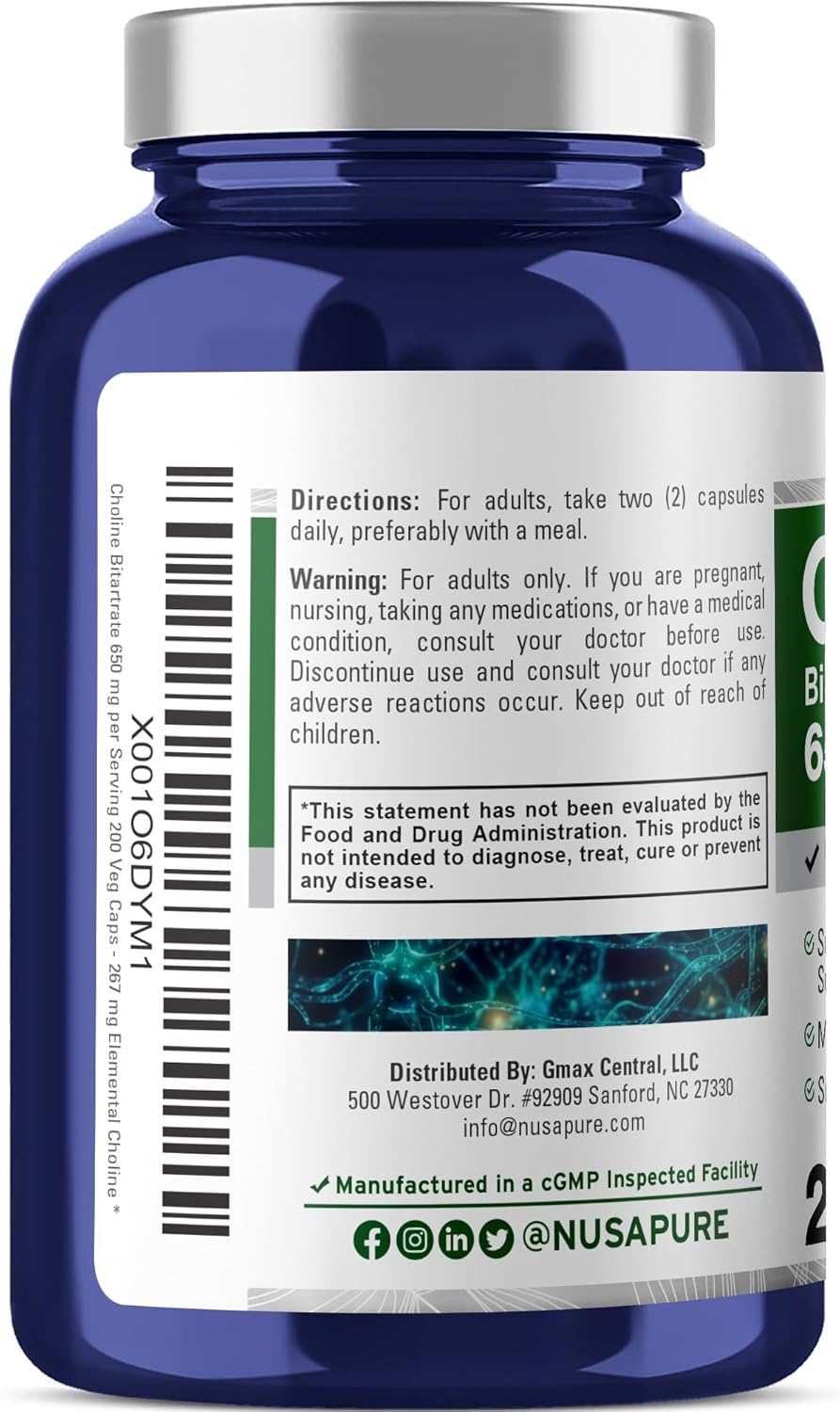 Choline Bitartrate Supplement 650mg - 200 Veg Capsules Vegan, Non-GMO - NusaPure - Espot.com.au