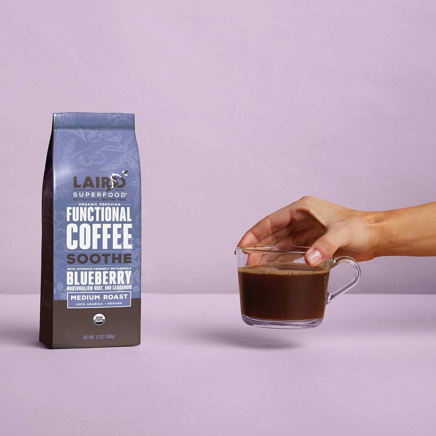 Organic Medium Roast Caffeinated Soothe Coffee with Stomach-Friendly Ingredients - 12 oz Bag - Marshmallow Root, Cardamom, Blueberry Powder - Laird Superfood - Espot.com.au