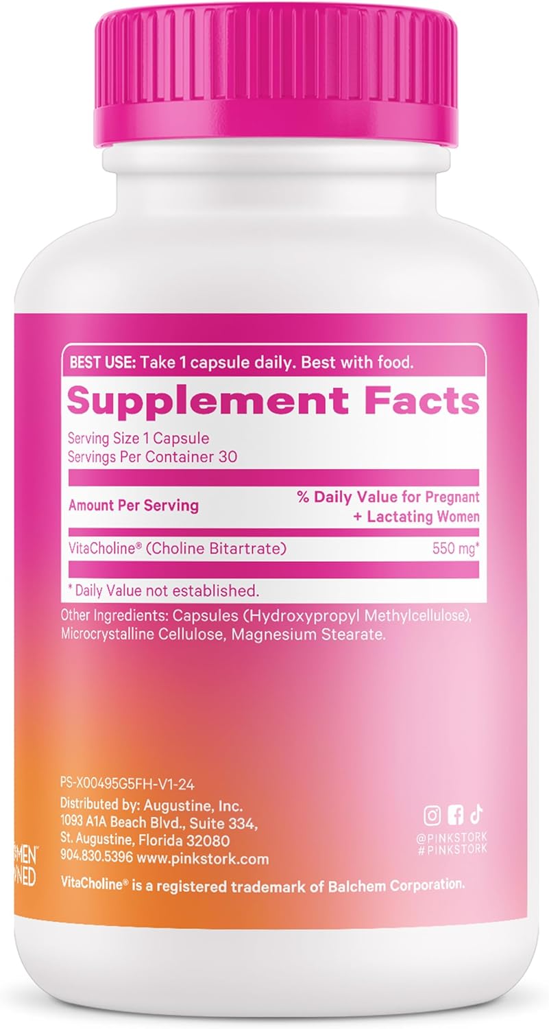 Pink Stork Choline - Prenatal Vitamin with 550mg Choline Bitartrate for Pregnant & Postpartum Moms - Supports Fetal Cognitive Health & Breast Milk Quality - 30 Capsules - Espot.com.au