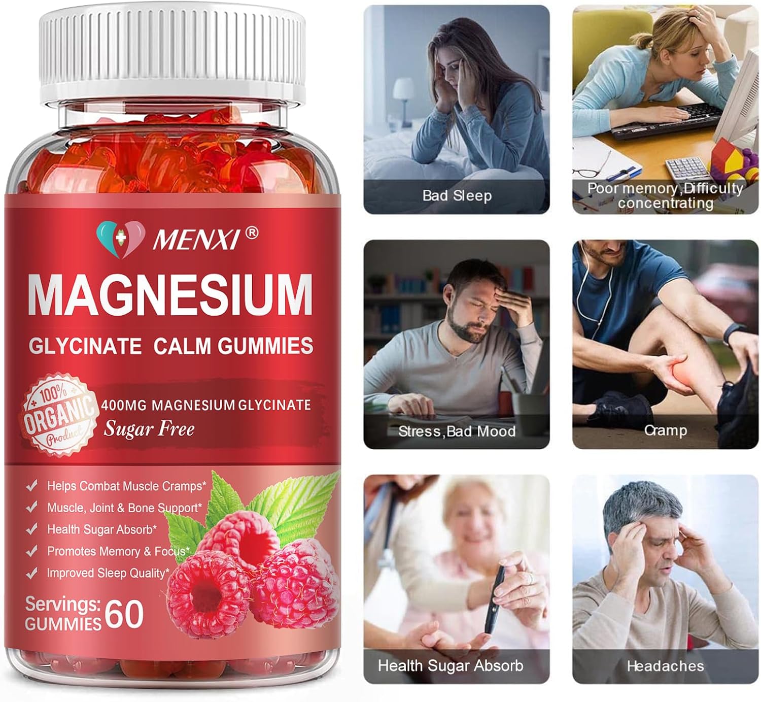 600mg Magnesium Gummies with Magnesium Glycinate & Malate - Sugar Free Potassium Supplement for Mood, Muscle, Bone & Sleep Support - 60 Raspberry Gummies - Espot.com.au