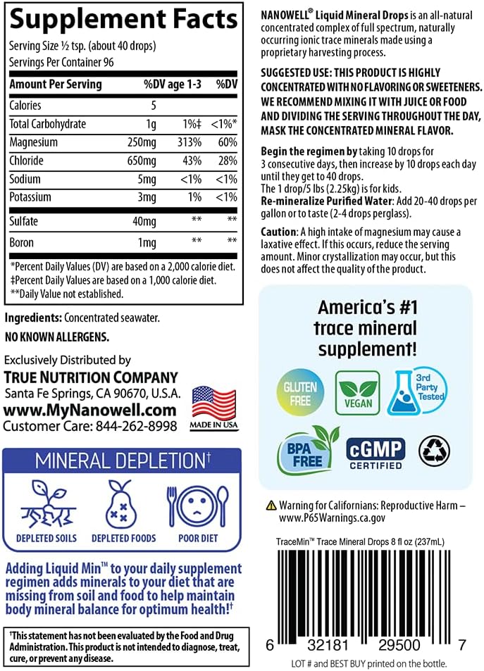 NANOWELL Liquid Mineral Drops - Full Spectrum Trace Mineral Supplement with Ionic Magnesium, Chloride, and Potassium for Energy, Electrolytes, and Hydration - Low Sodium - 96 Day Supply, 8 fl oz - Espot.com.au