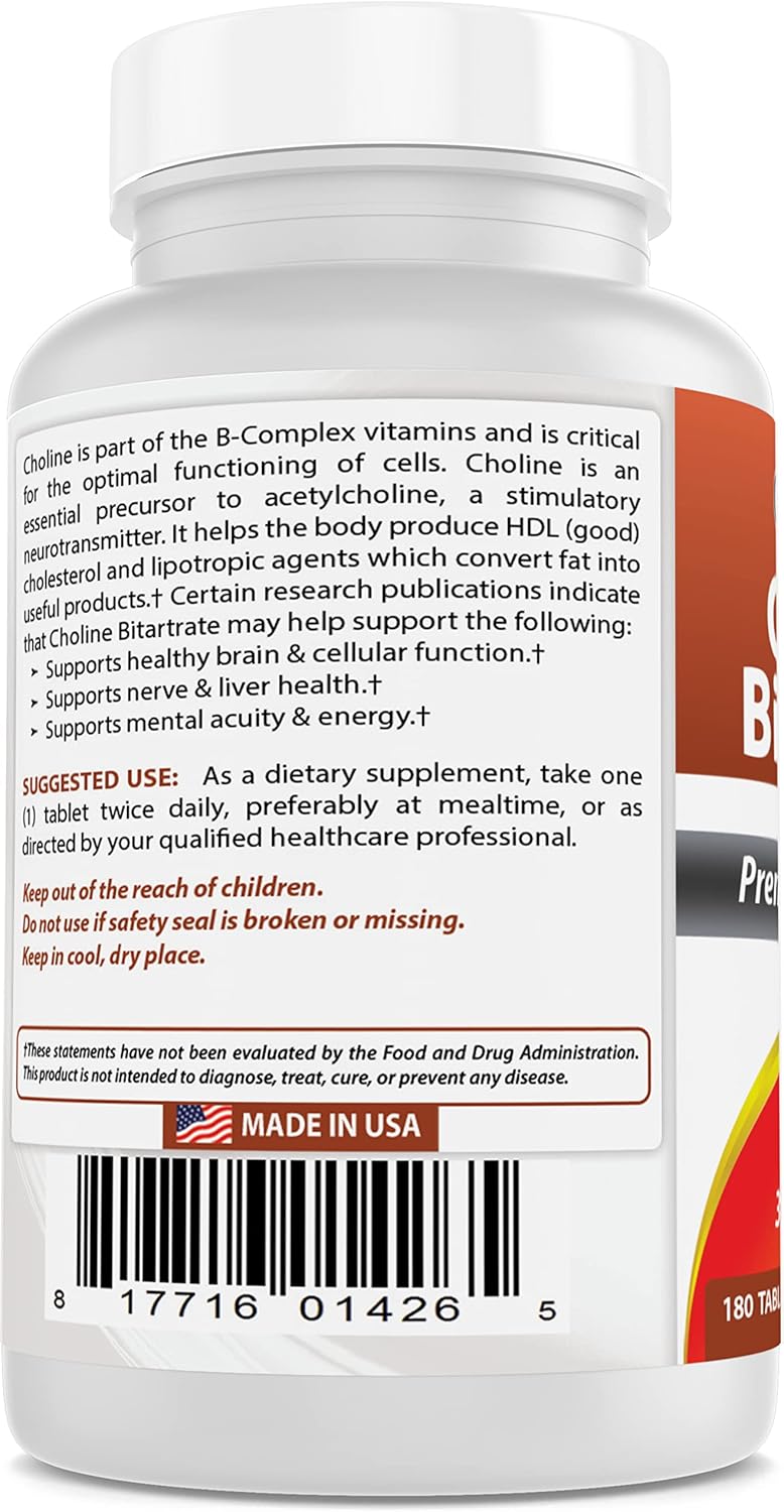Premium Non-GMO Choline Bitartrate 650mg Tablets for Cognitive Brain Health - 180 Count - Espot.com.au