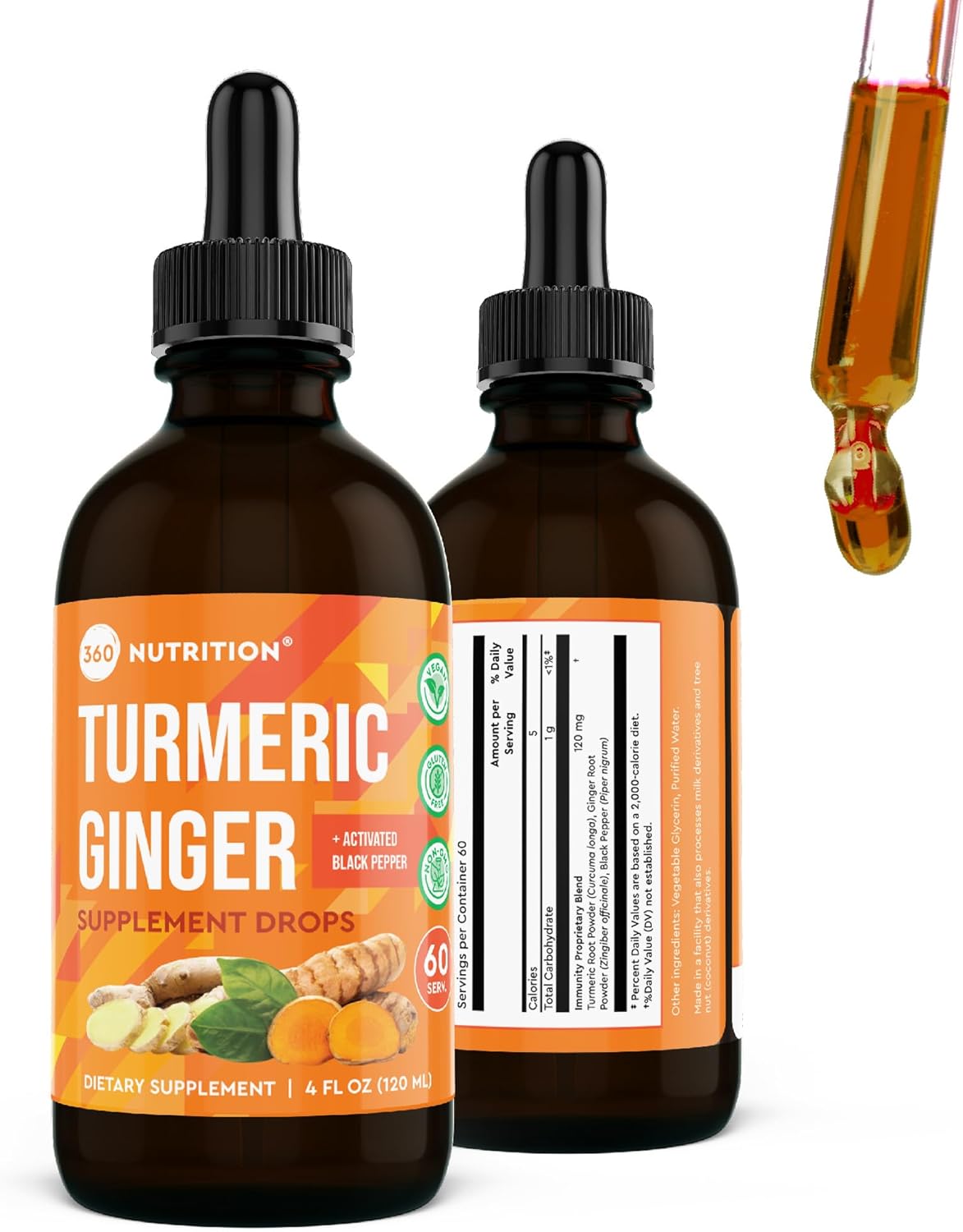 Vegan Turmeric and Ginger Supplement Drops with Black Pepper for Joint Support and Gut Health - 4 fl oz, 60 Servings - Keto-Friendly and Caffeine Free - Espot.com.au