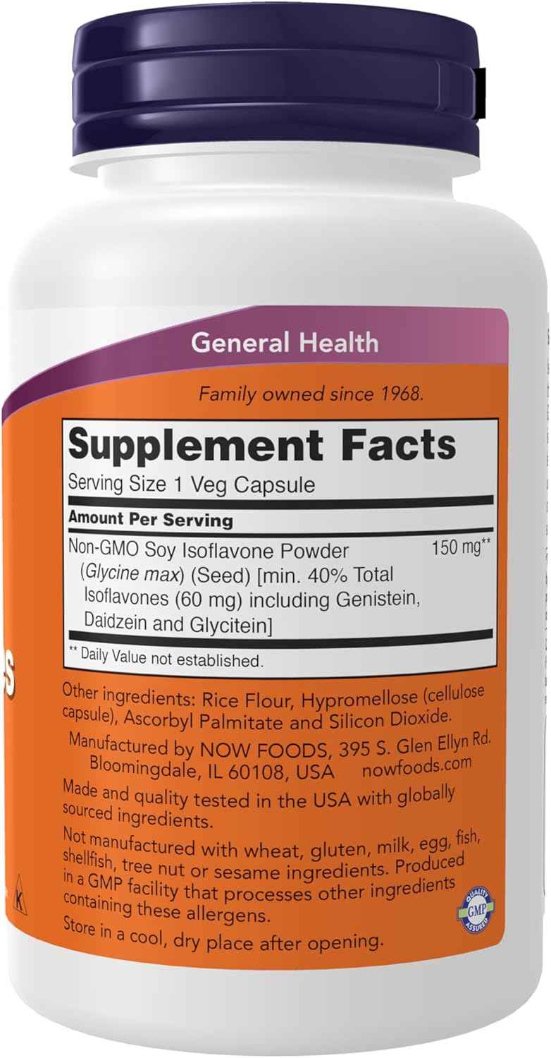 NOW Foods Soy Isoflavones 60mg - Plant Compounds from Soybeans - Genistein, Daidzein, Glycitein - 120 Veg Capsules