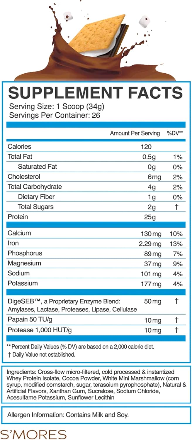 eFlow Nutrition Whey Protein Isolate - S'Mores Flavor, Gluten & Lactose-Free, Low Carb, with Digestive Enzymes, Fast Digesting for Muscle Recovery - 26 Servings - Espot.com.au