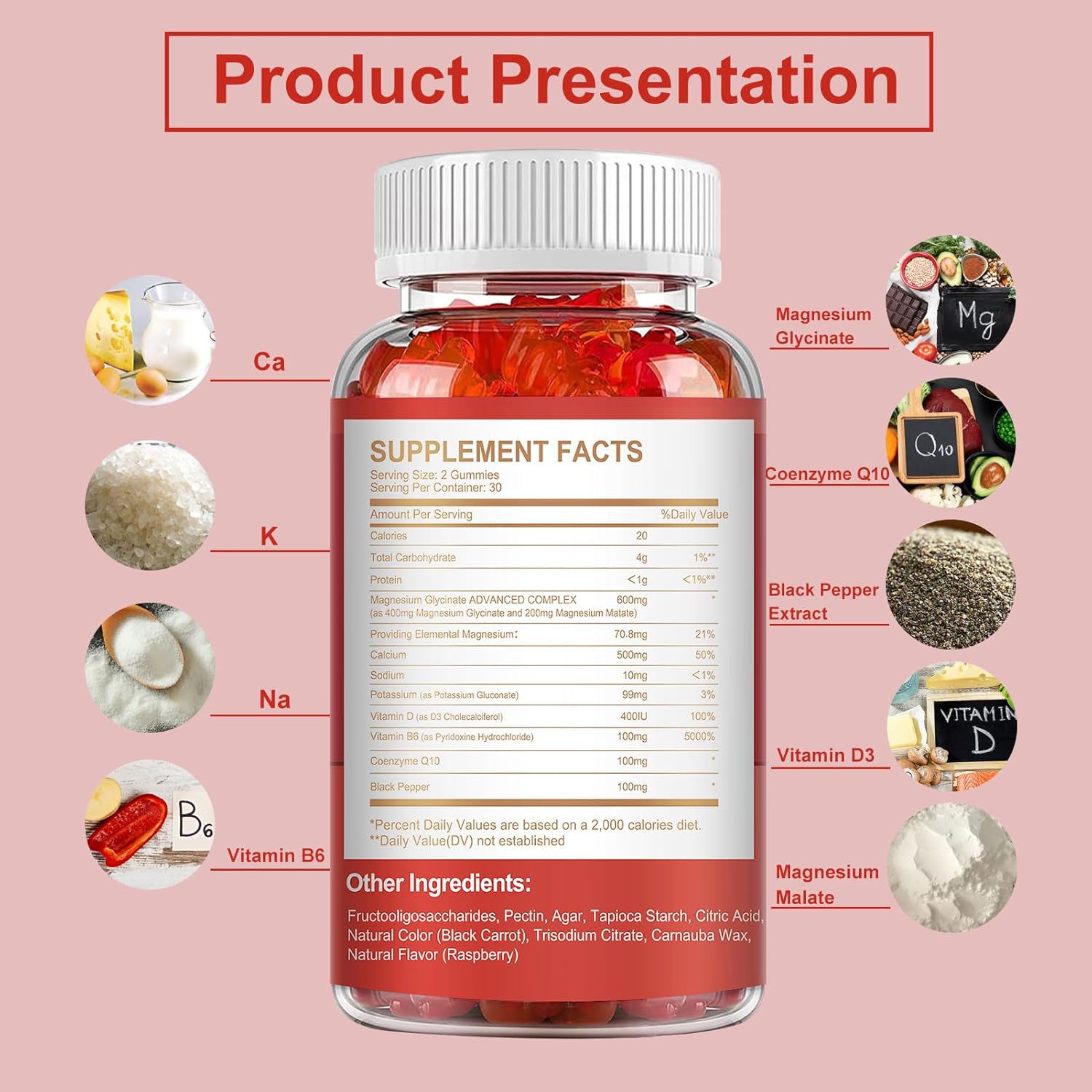 600mg Magnesium Gummies with Magnesium Glycinate & Malate - Sugar Free Potassium Supplement for Mood, Muscle, Bone & Sleep Support - 60 Raspberry Gummies - Espot.com.au