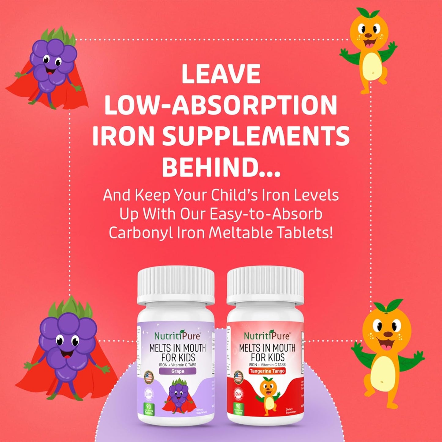 Delicious Grape Flavored NutritiPure Chewable Iron Supplements for Kids - 90 Count Bottle with Ferronyl®/Carbonyl Iron 9mg and Vitamin C 30mg - Espot.com.au